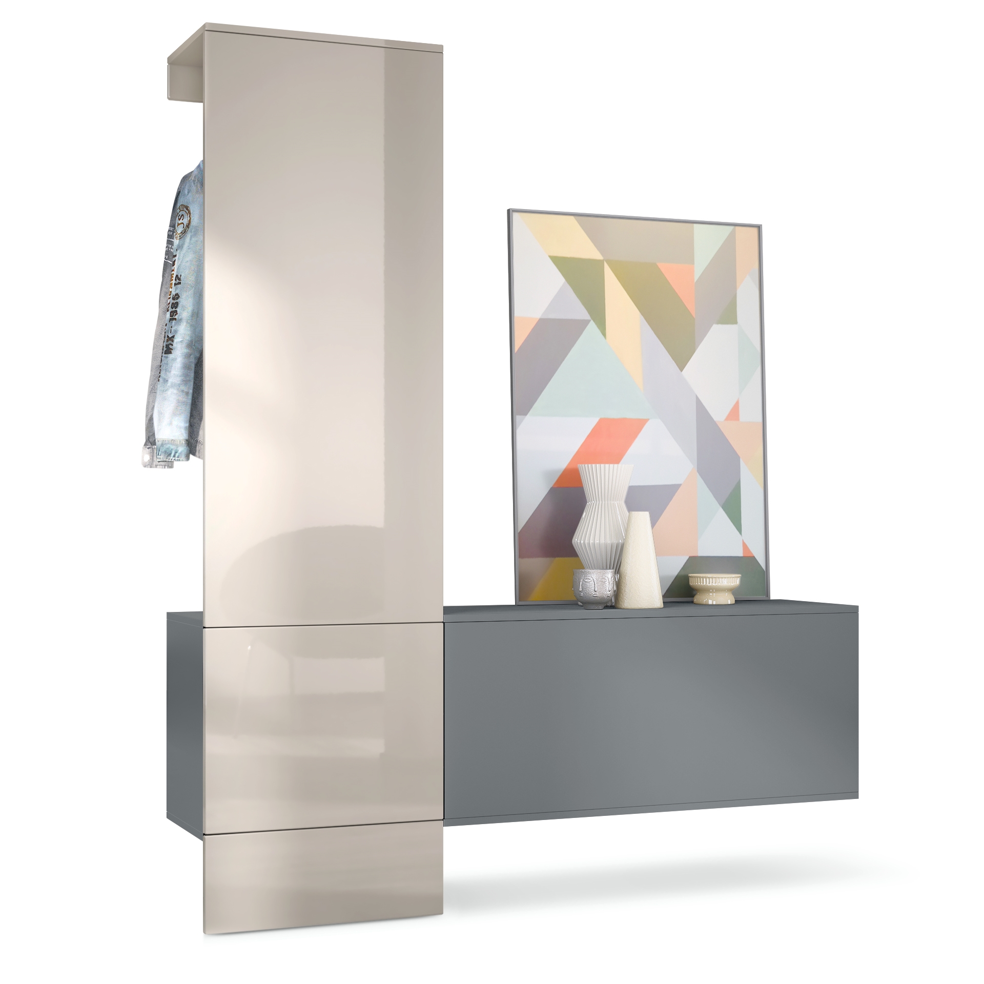 Garderobe Carlton Set 4 Anthrazit 3-tlg. 1 Paneel und 1 Schrankmodul Anthrazit matt/Sandgrau Hochglanz (156,5 x 193 x 35 cm)