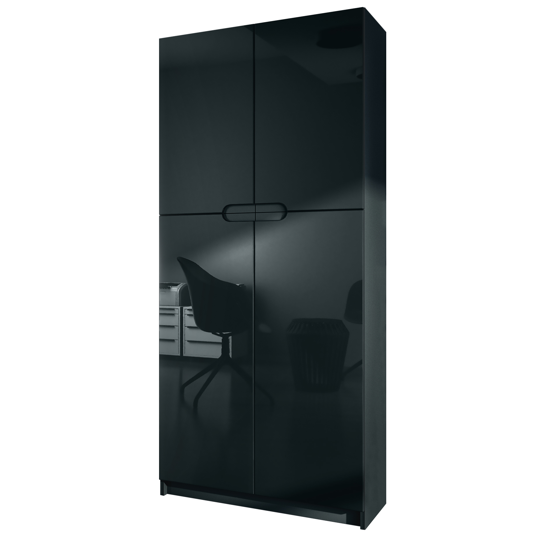 Büroschrank Logan V1 mit 5 Fächern und 4 Türen Schwarz matt/Schwarz Hochglanz (82 x 185 x 37 cm)
