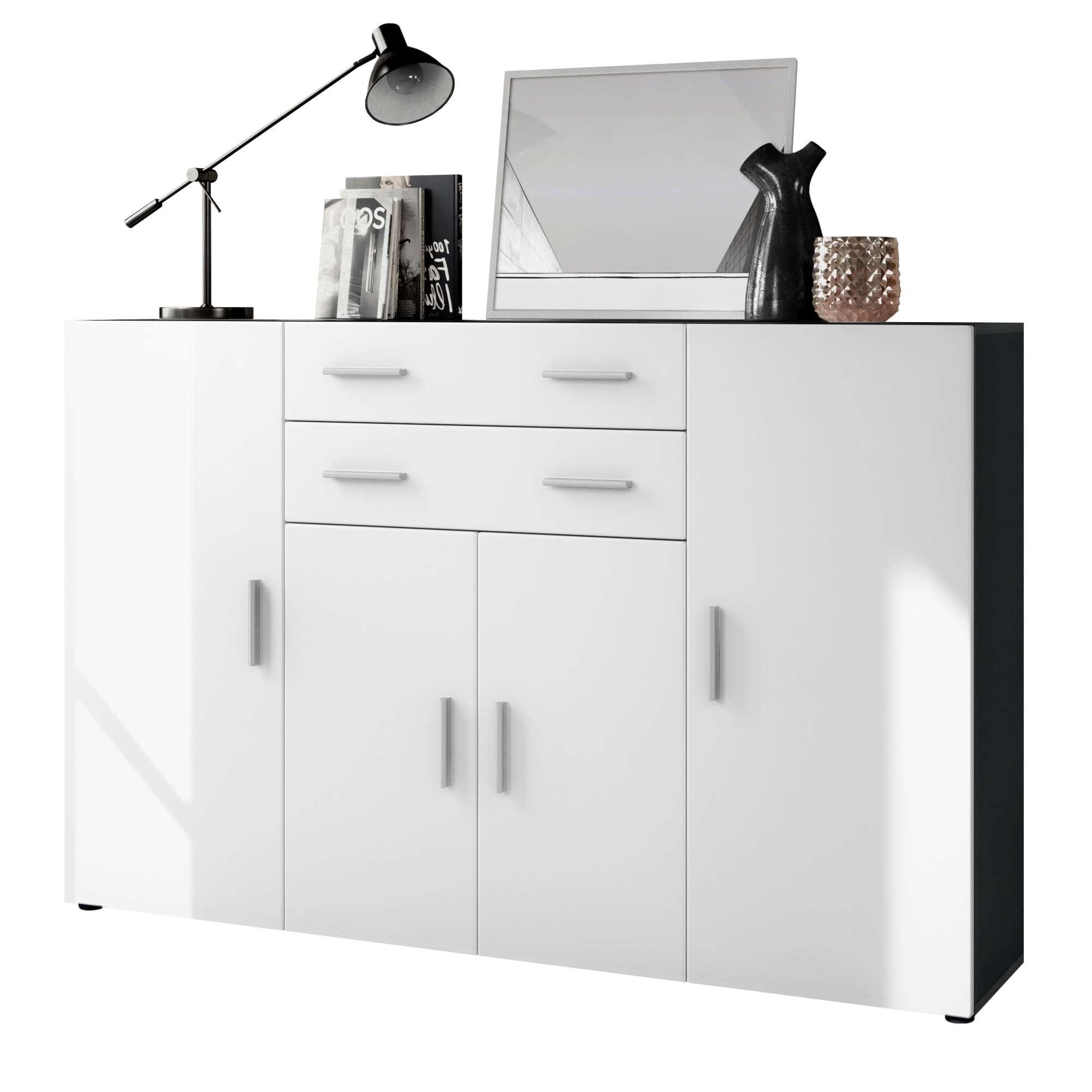 Highboard Aron  mit 4 Türen und 2 Schubladen Anthrazit matt/Weiß matt (166,5 x 106,5 x 35 cm)