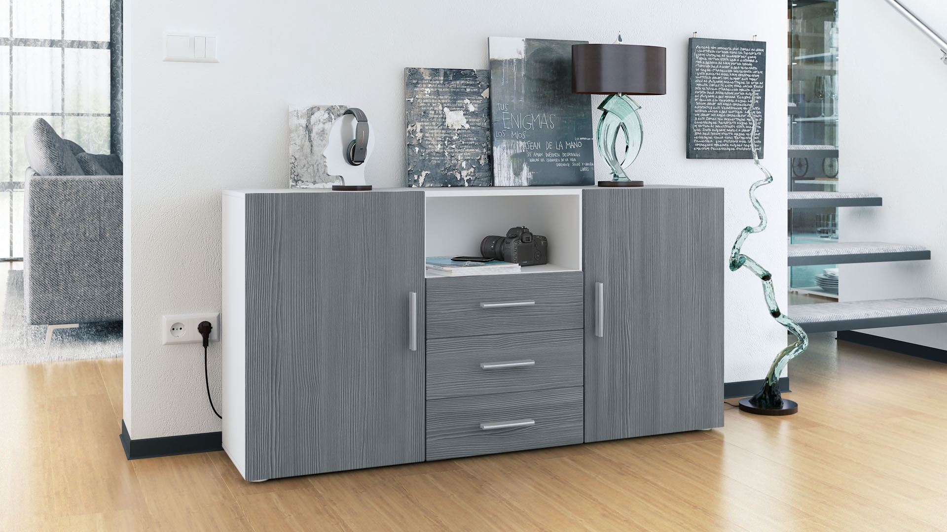 Sideboard Skadu  mit 2 Türen, 3 Schubladen und 1 offenem Fach Weiß matt/Avola-Anthrazit (138,5 x 71,5 x 35 cm)