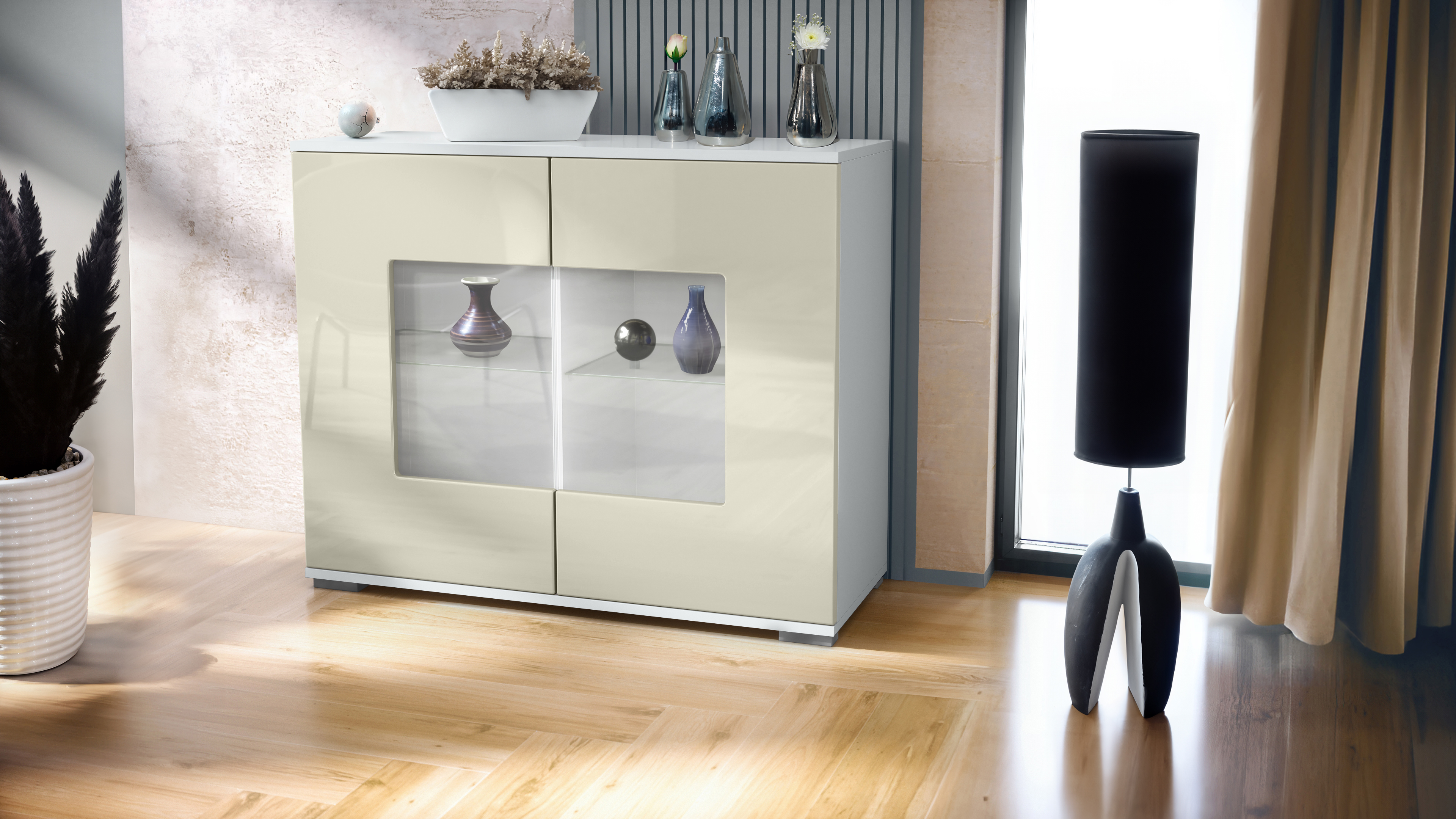 Grömitz V3 Kommode Weiß mit 2 großen Glastüren Weiß matt / Creme Hochglanz (92,5 x 75.5 x 35)