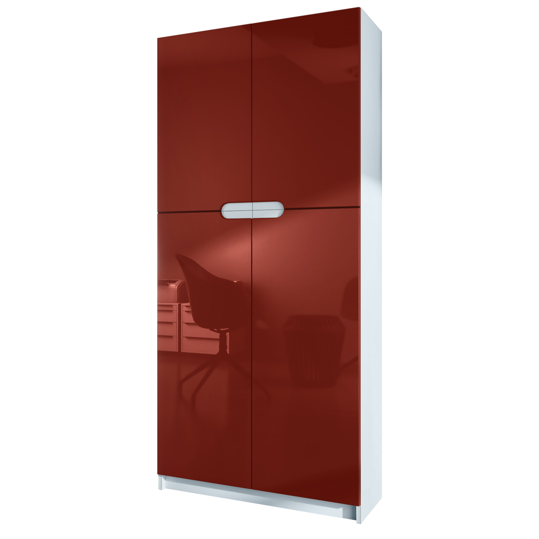 Büroschrank Logan V1  mit 5 Fächern und 4 Türen Weiß matt/Bordeaux Hochglanz (82 x 185 x 37 cm)