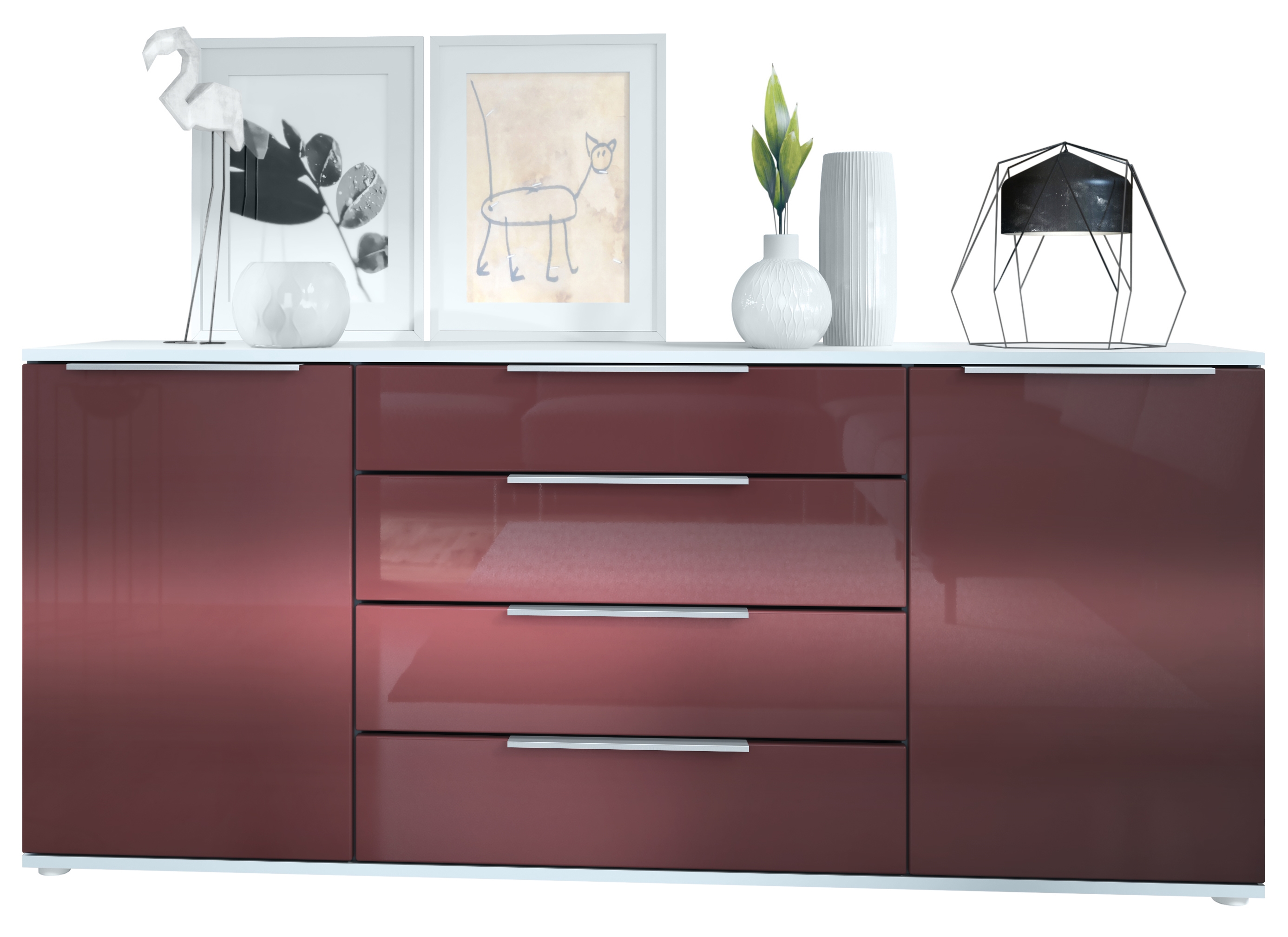 Linio V2 Sideboard mit 2 Türen und 4 Schubladen Weiß matt/Bordeaux Hochglanz (166,5 x 72,5 x 35 cm)