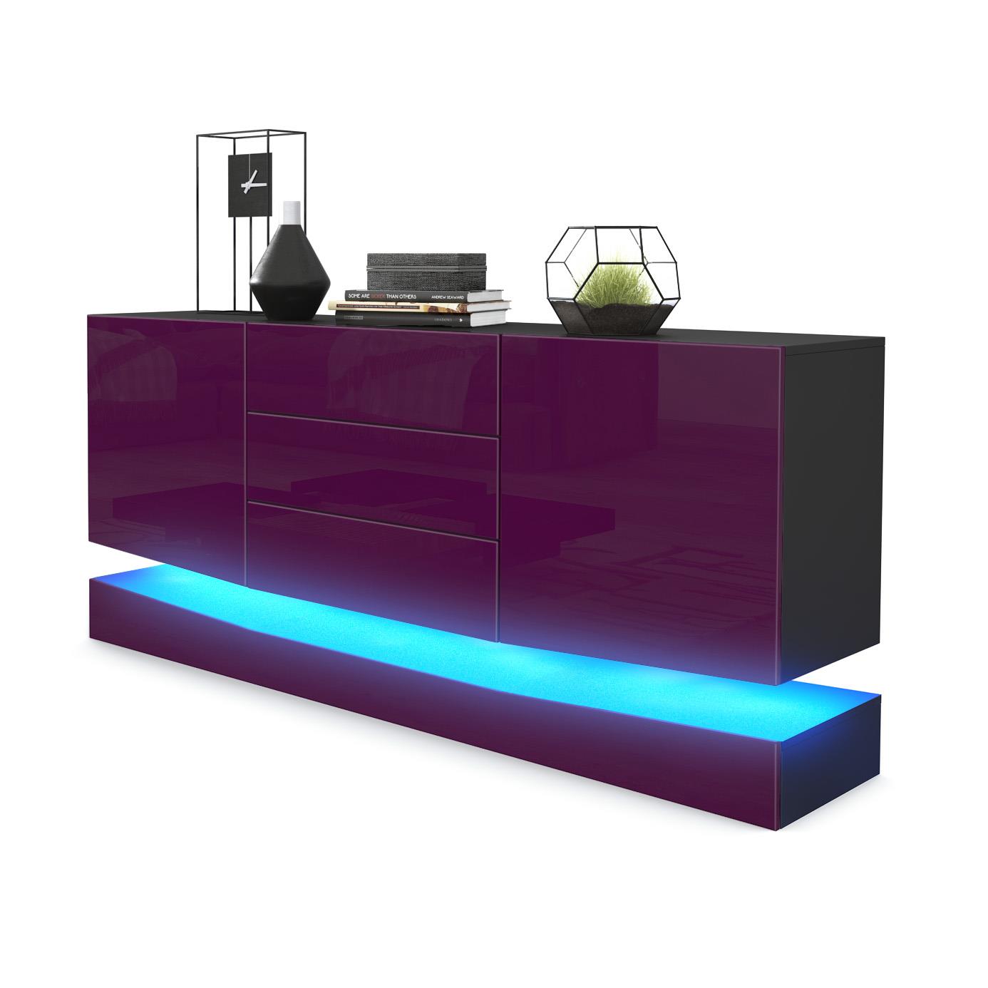 Sideboard City und 3 Schubladen inkl. LED-Beleuchtung,  Schwarz matt/Brombeer Hochglanz (178 x 72 x 38 cm)