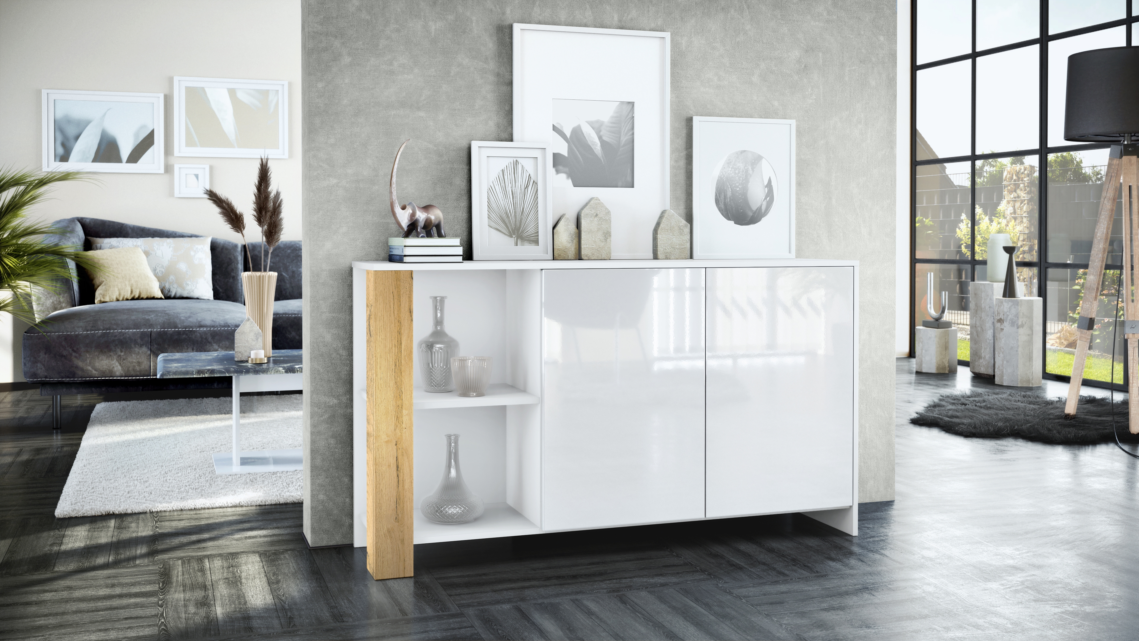 Sideboard Canto mit 2 Türen und 6 Fächern Weiß matt, Weiß Hochglanz, Eiche Natur