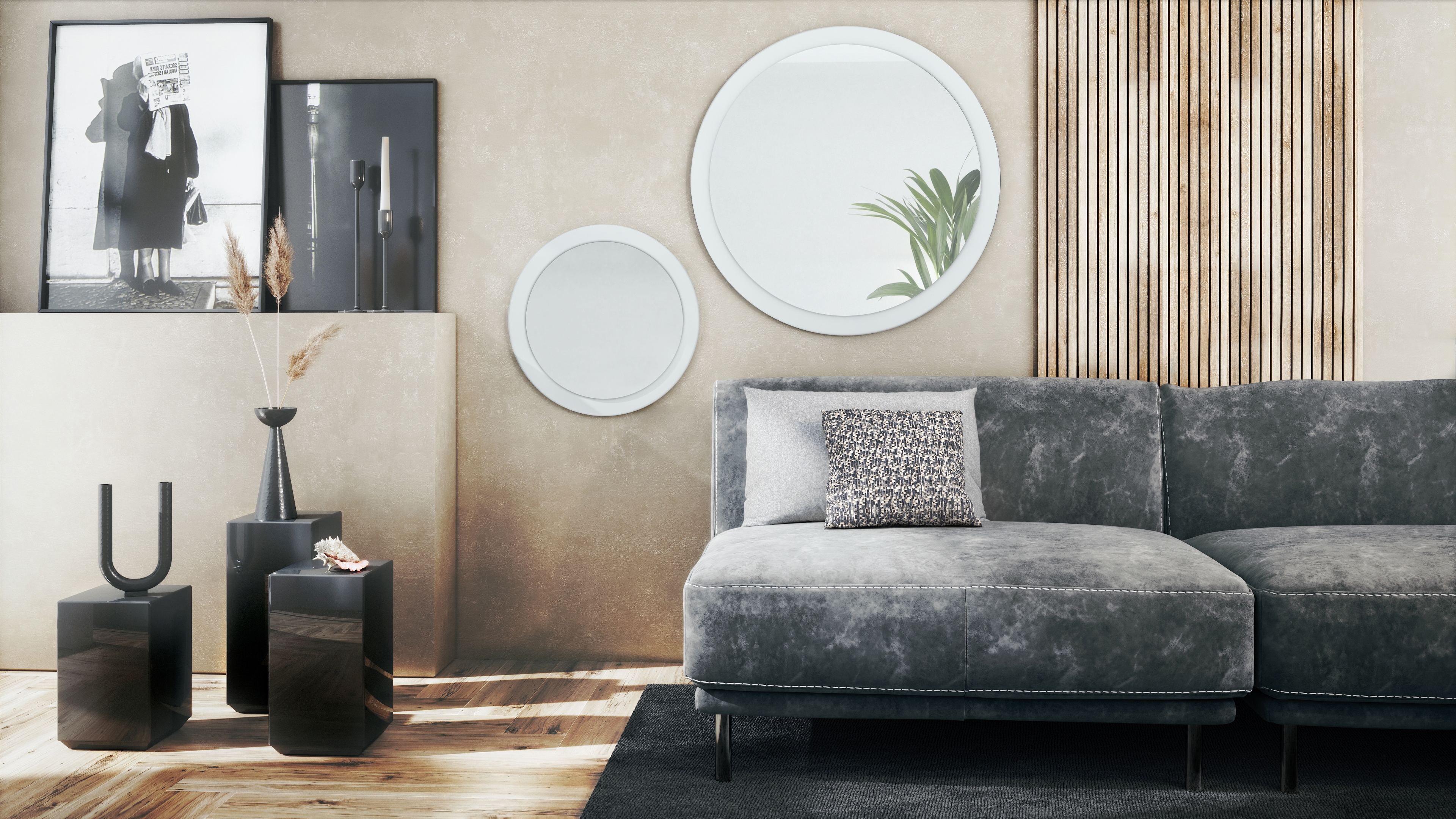 Globe Spiegel 2er-Set (Typ 50+80) für Flur und Wohnzimmer mit MDF-Rahmen in Weiß matt (50 und 80 cm Durchmesser)