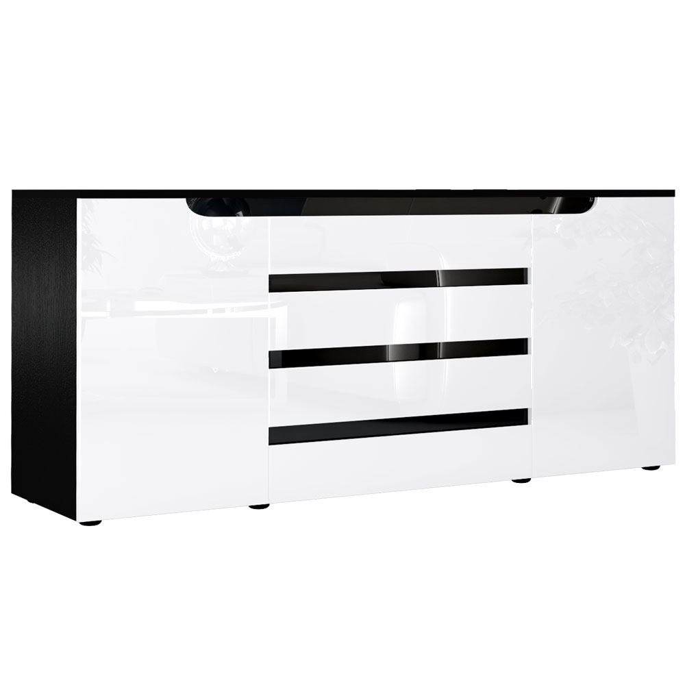Sideboard Sylt V2 mit 2 Türen und 4 Schubladen Schwarz matt/Weiß Hochglanz/Schwarz Hochglanz (166 x 72 x 35)