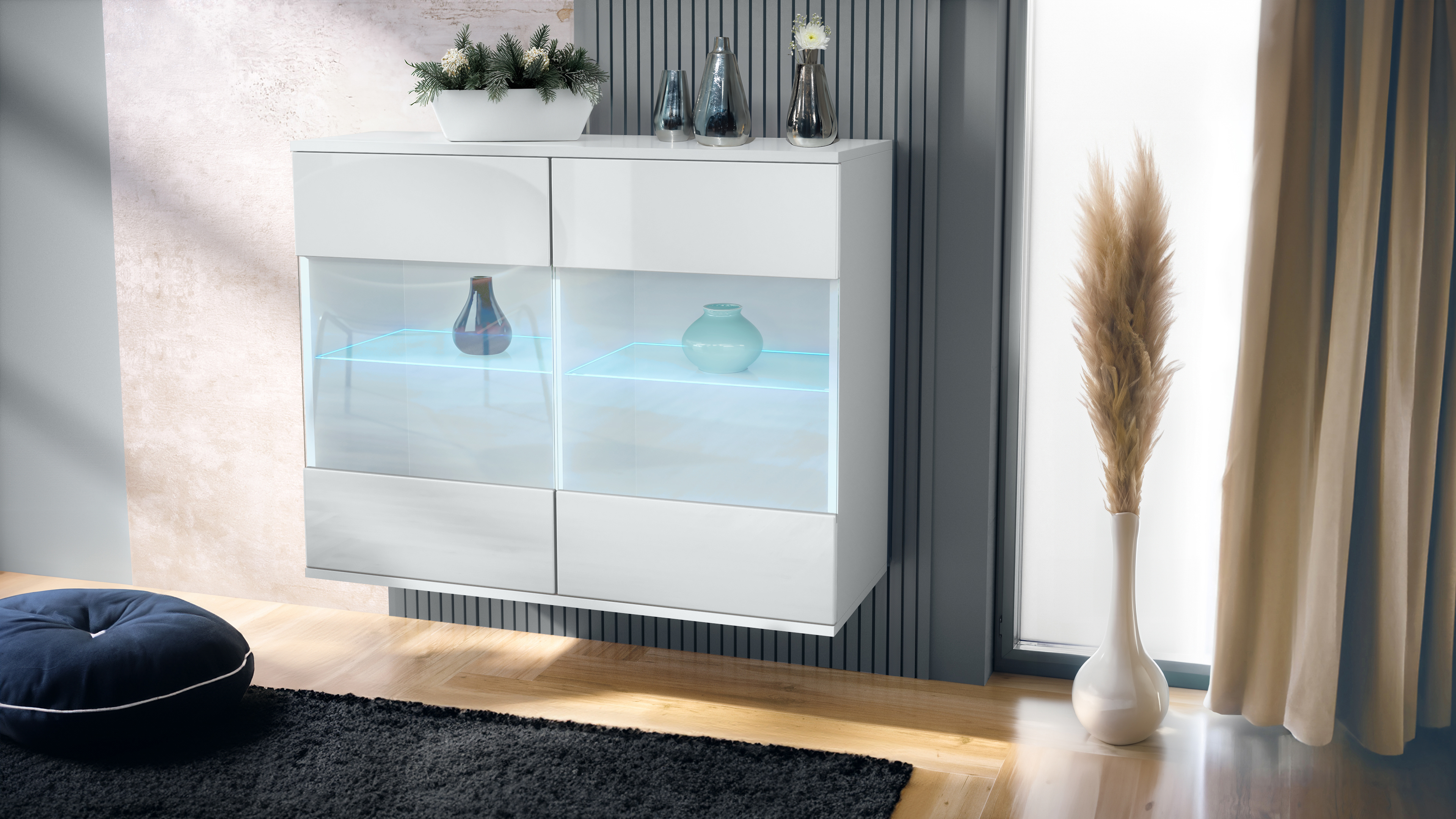 Bari V3 Kommode Weiß + LED mit 2 großen Glastüren inkl. RGB Beleuchtung Weiß matt / Weiß Hochglanz (92,5 x 73.5 x 35)