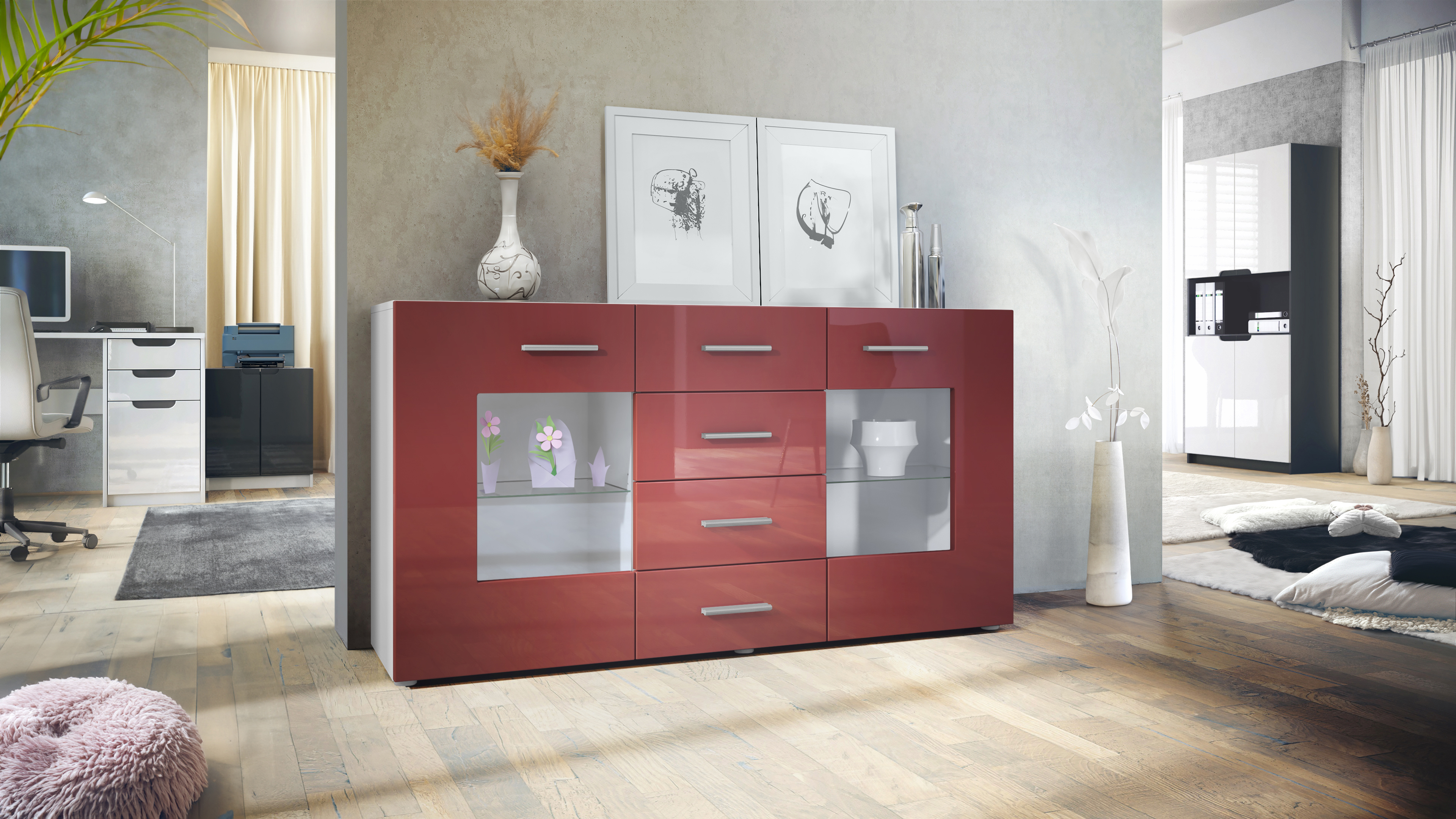 Sideboard Grömitz V1 4 Schubladen und 2 flexible Glaseinlegeböden Weiß matt/Bordeaux Hochglanz (139 x 72 x 35)