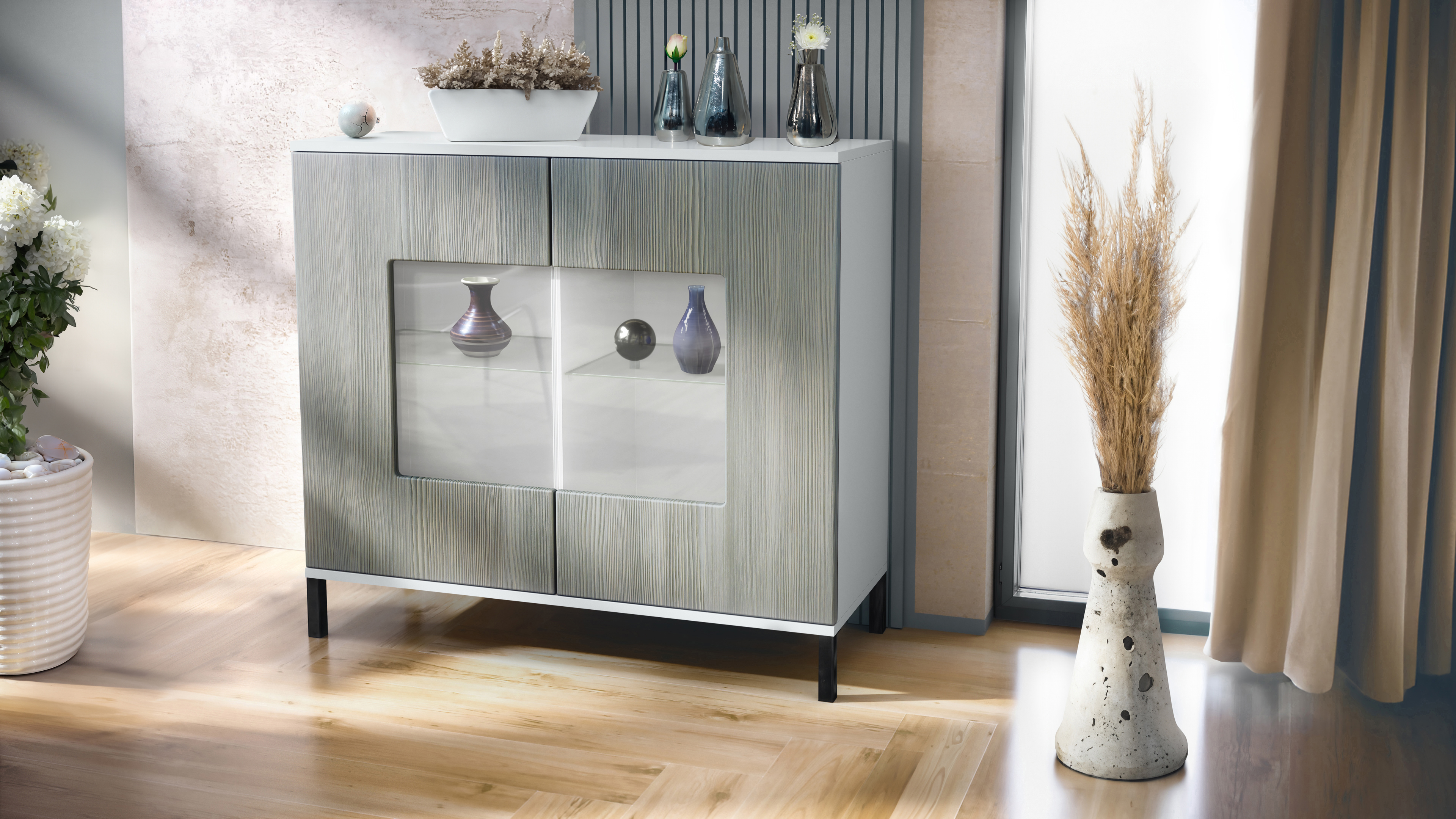 Grömitz V3 Kommode Weiß mit 2 großen Glastüren Weiß matt / Avola-Anthrazit (92,5 x 83.5 x 35)