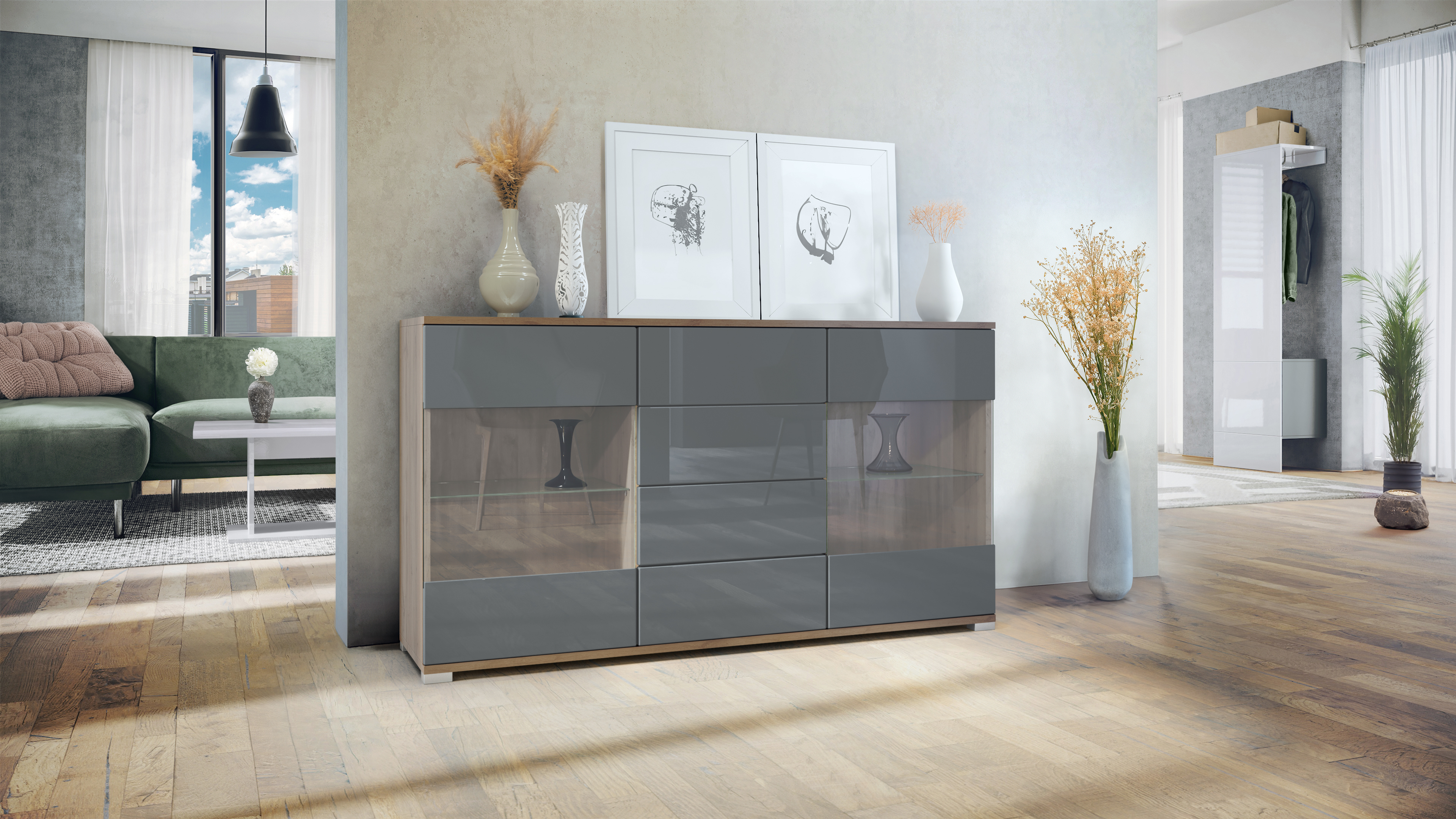 Sideboard Bari V1 Eiche Evoke 4 Schubladen und 2 flexible Glaseinlegeböden Eiche Evoke/Grau Hochglanz (138,5 x 75,5 x 35)