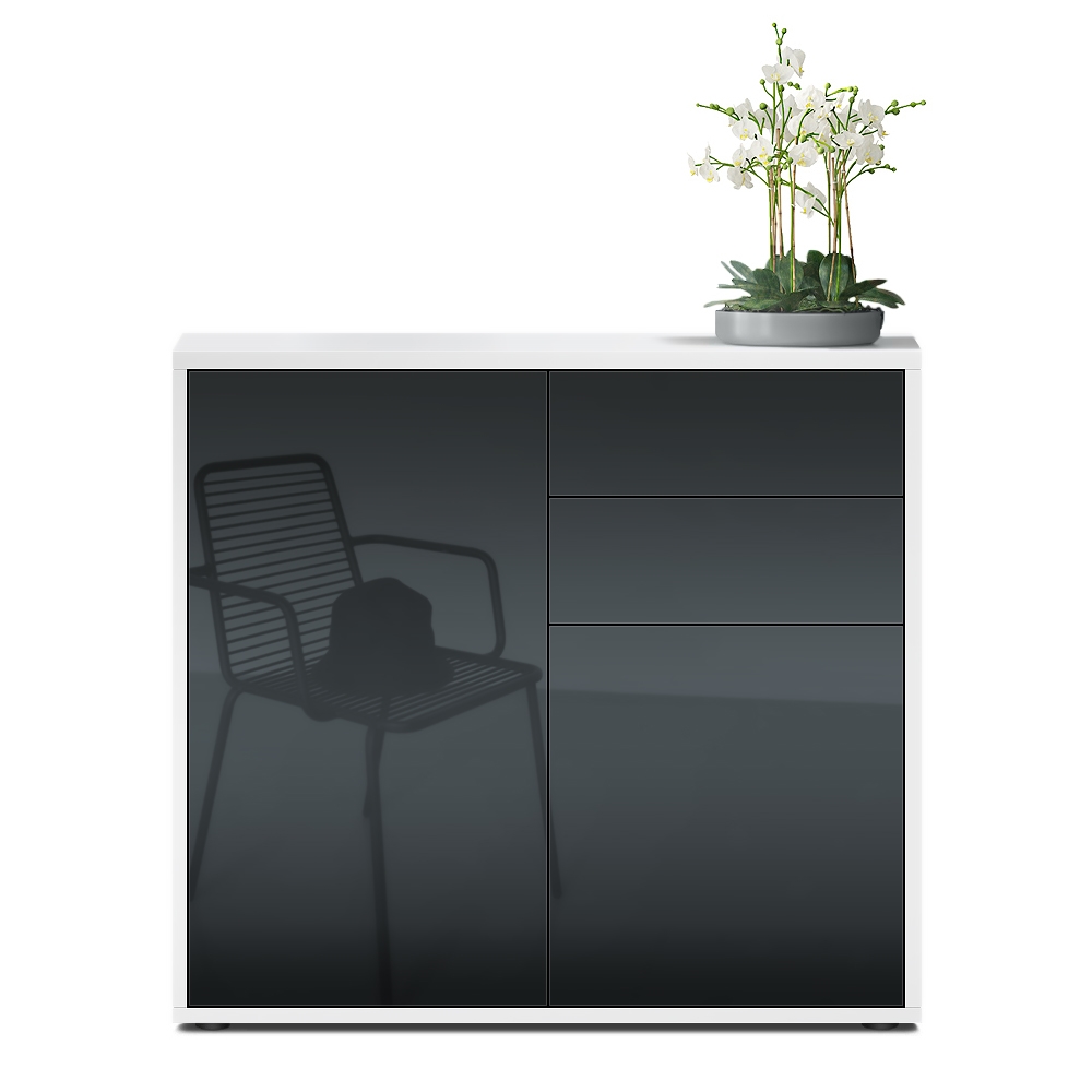 Kommode Ben  mit 2 Türen und 2 Schubladen Weiß matt/Schwarz Hochglanz (79 x 74 x 36 cm)