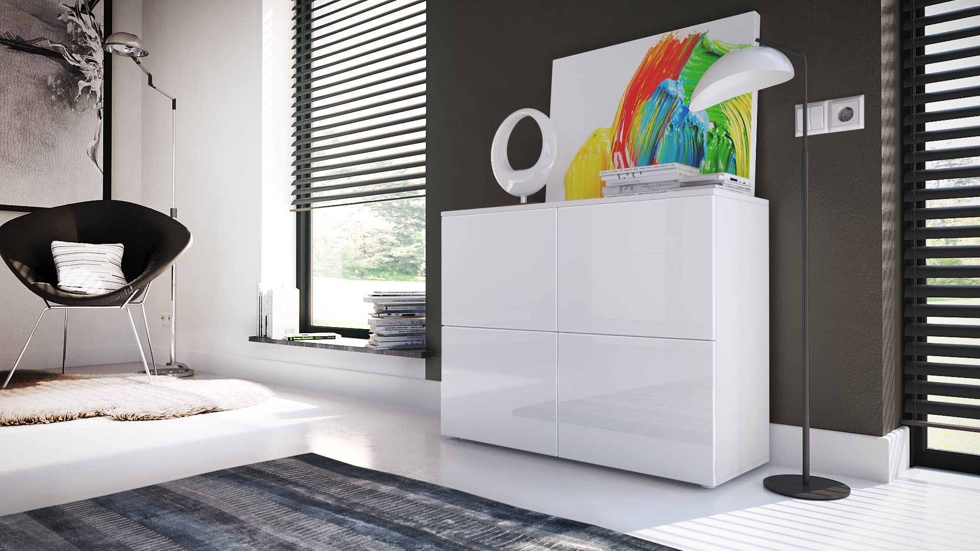 Kommode Rova mit 4 Türen Weiß matt/Weiß Hochglanz (92 x 72 x 35 cm)