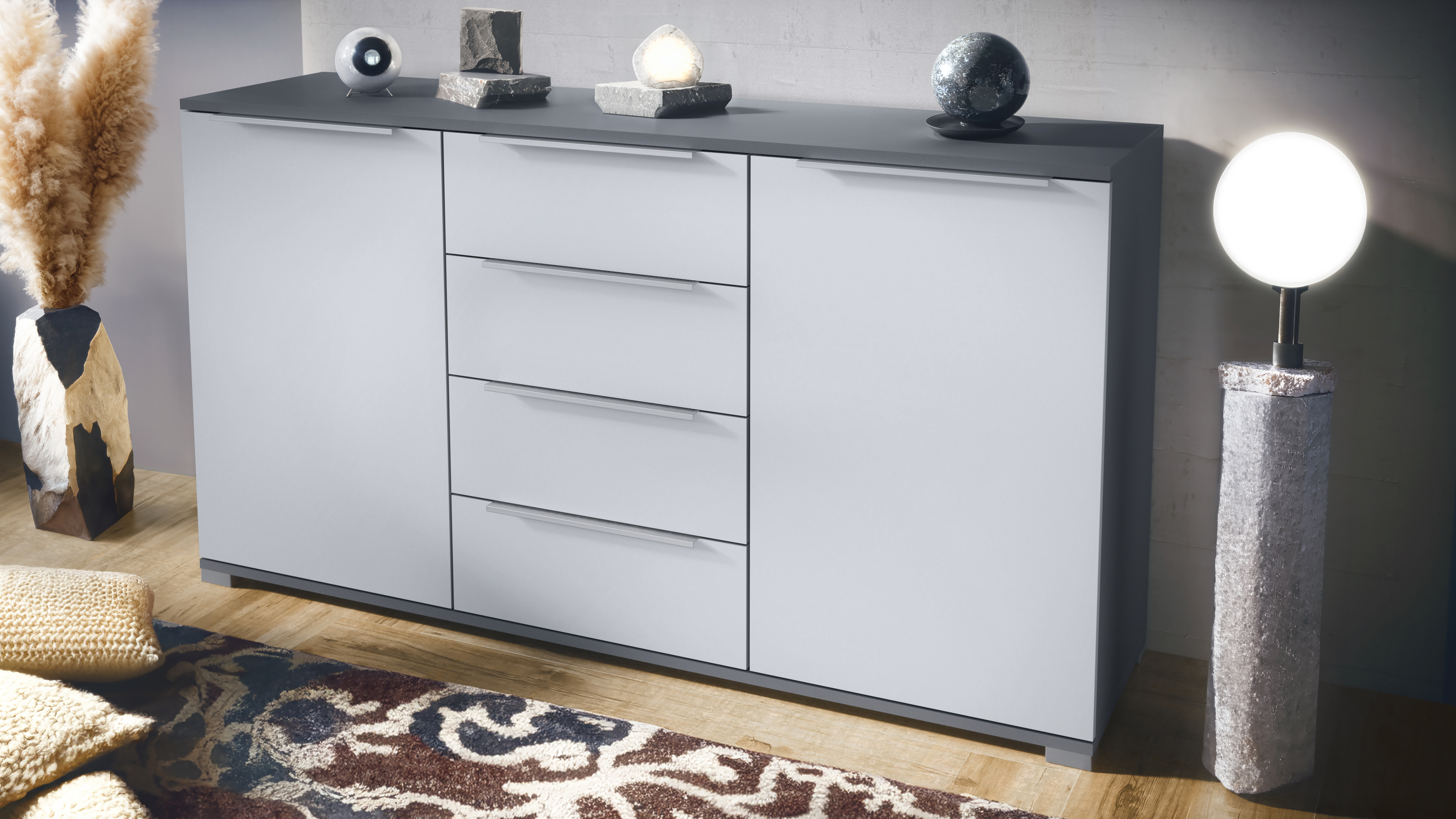 Linio V1 Sideboard Anthrazit mit 2 Türen und 4 Schubladen Anthrazit matt/Weiß matt (138,5 x 75,5 x 35 cm)