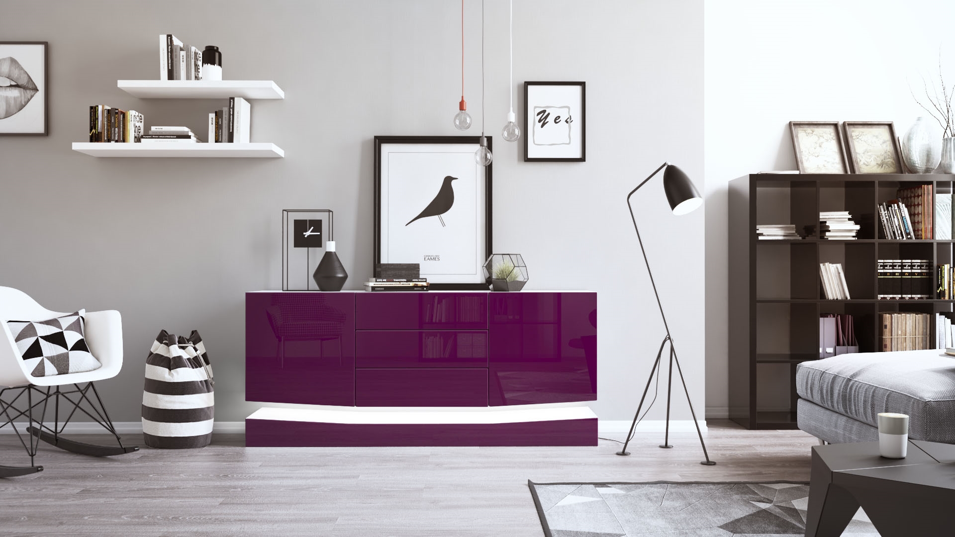 Sideboard City und 3 Schubladen inkl. LED-Beleuchtung,  Weiß matt/Brombeer Hochglanz (178 x 72 x 38 cm)