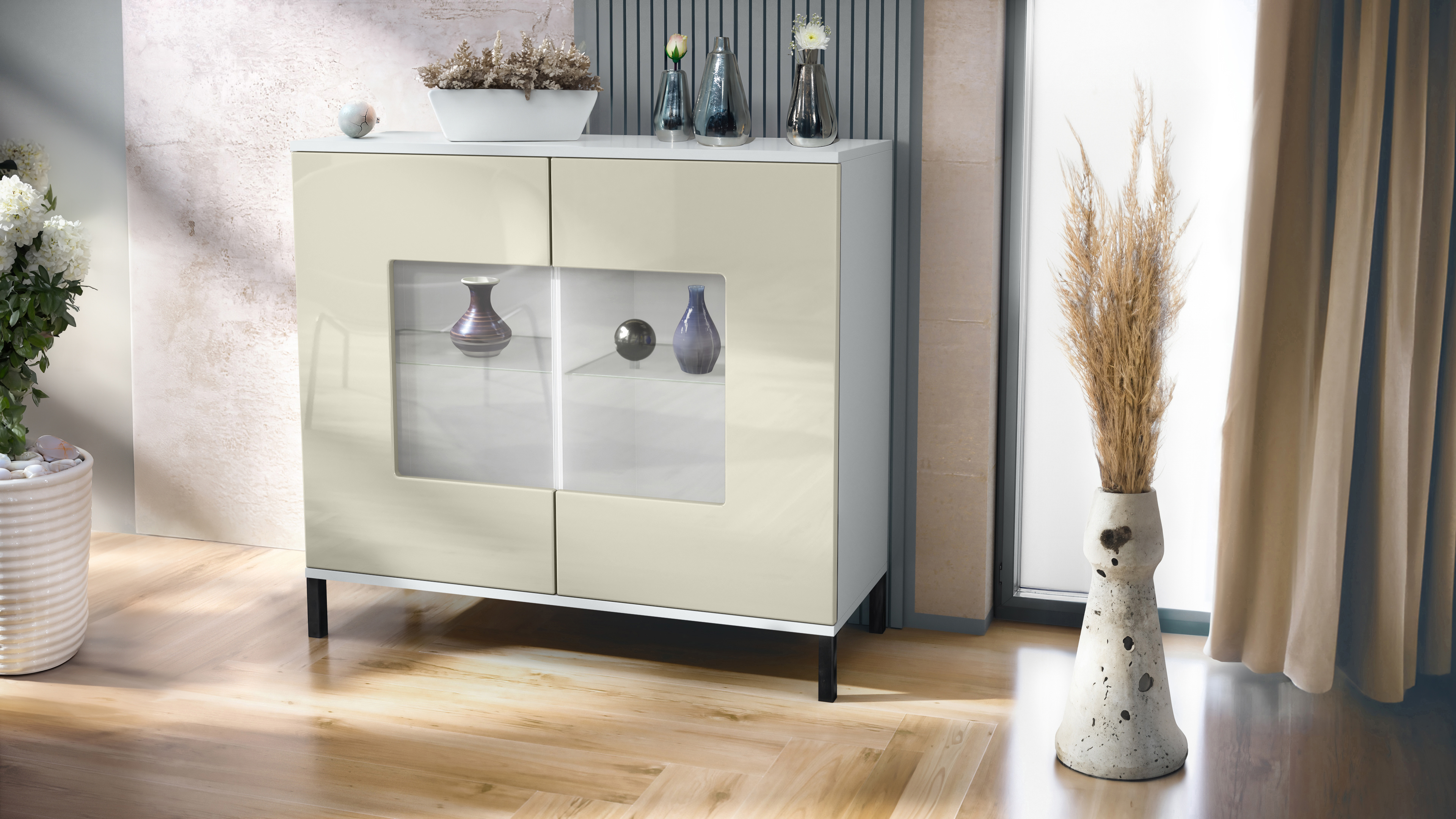 Grömitz V3 Kommode Weiß mit 2 großen Glastüren Weiß matt / Creme Hochglanz (92,5 x 83.5 x 35)