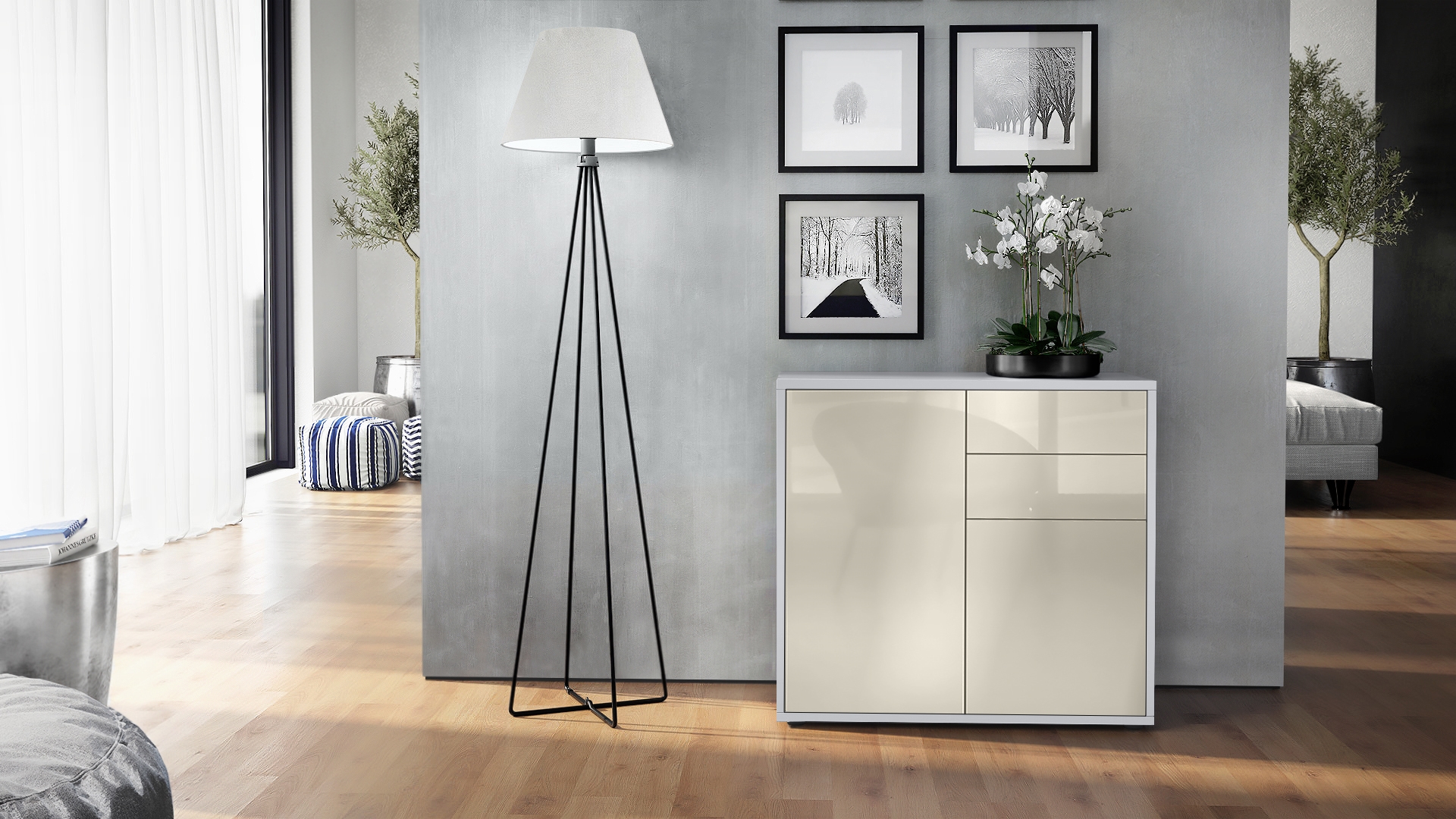 Kommode Ben  mit 2 Türen und 2 Schubladen Weiß matt/Creme Hochglanz (79 x 74 x 36 cm)