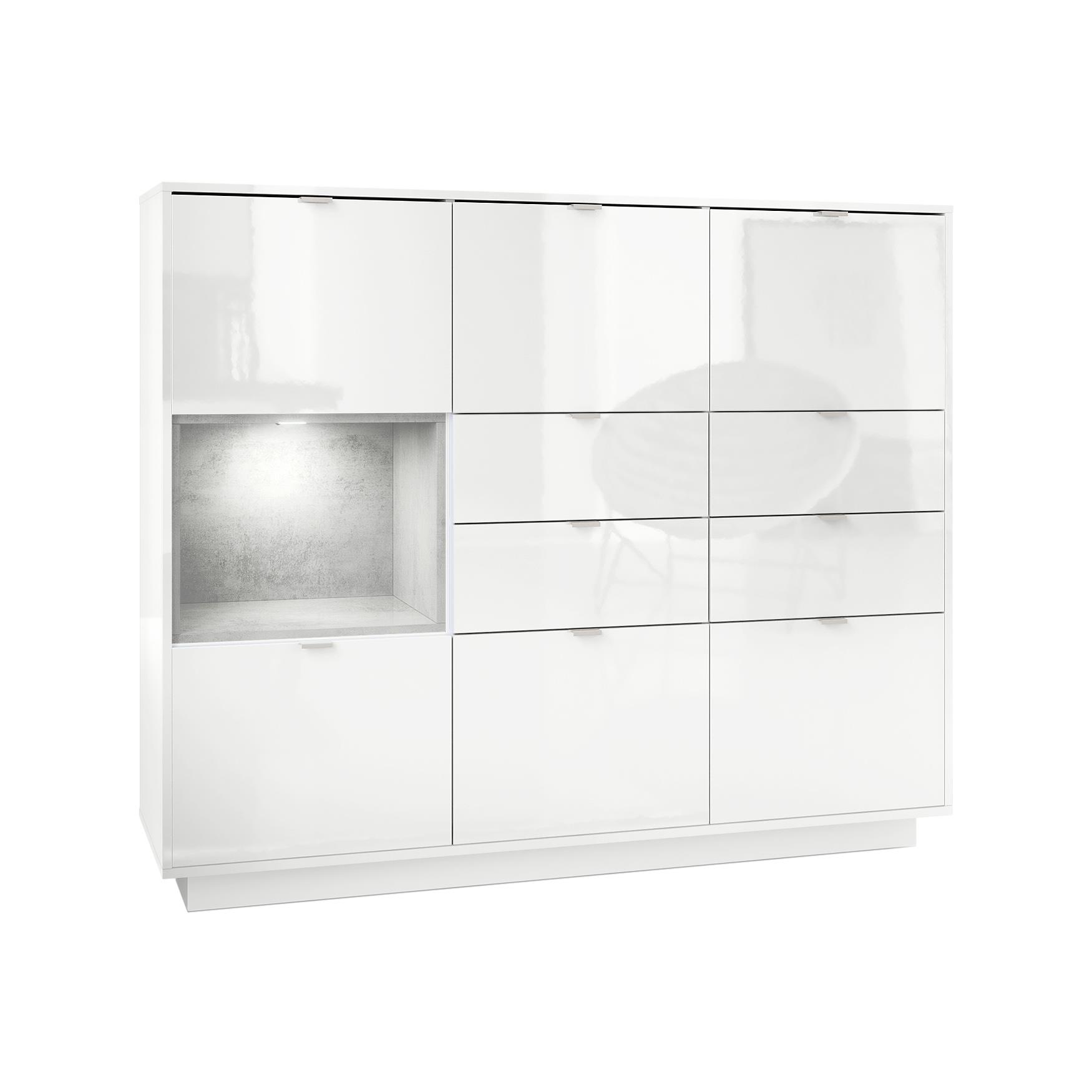 Highboard Metro V2  mit 6 Türen, 4 Schubladen und 1 offenem Fach Weiß Hochglanz/Beton Oxid Optik inkl. LED Beleuchtung (153x123x38 cm)