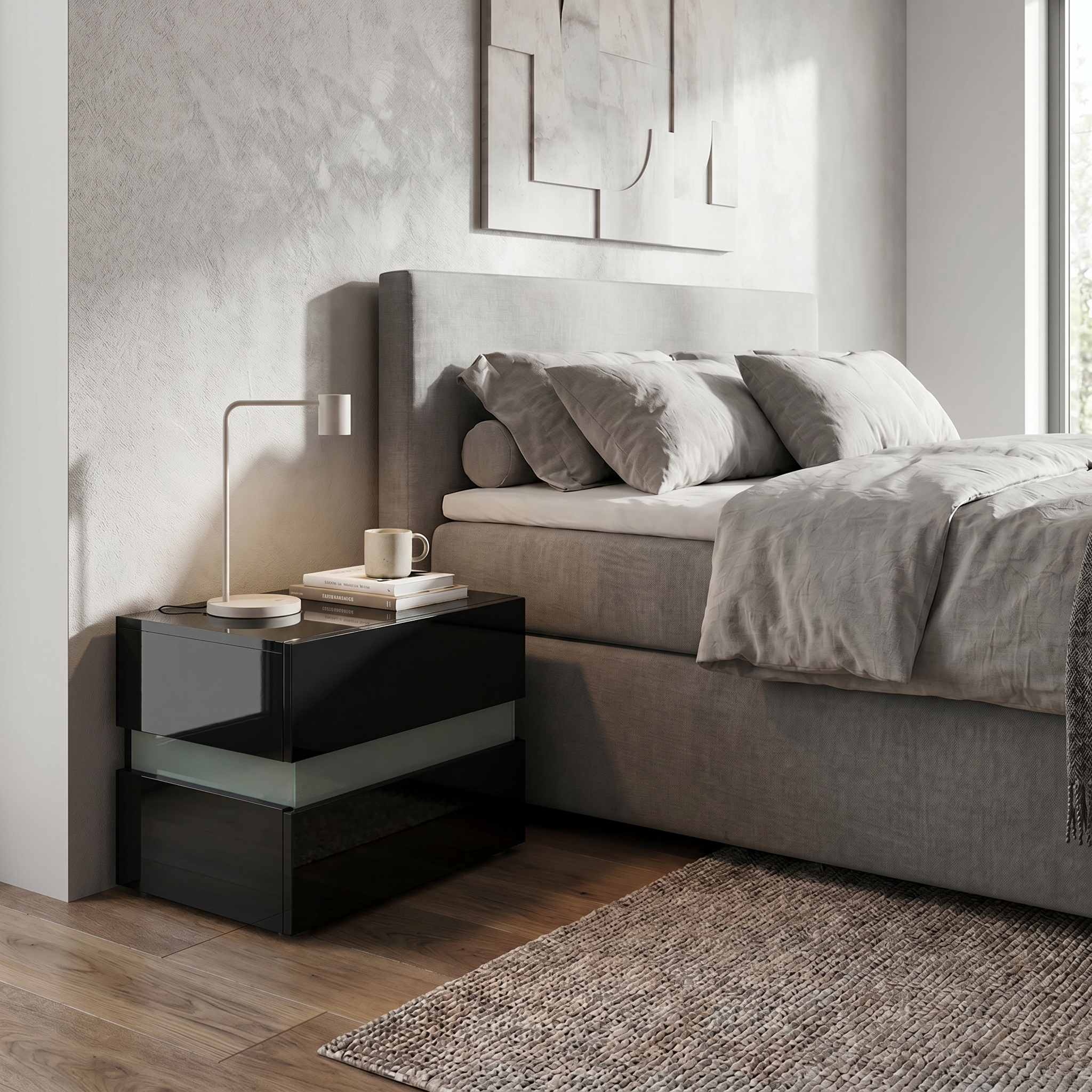Nachttisch Flow  mit Schublade zur Wandmontage Schwarz Hochglanz/Schwarz Hochglanz (60 x 45 x 39 cm)