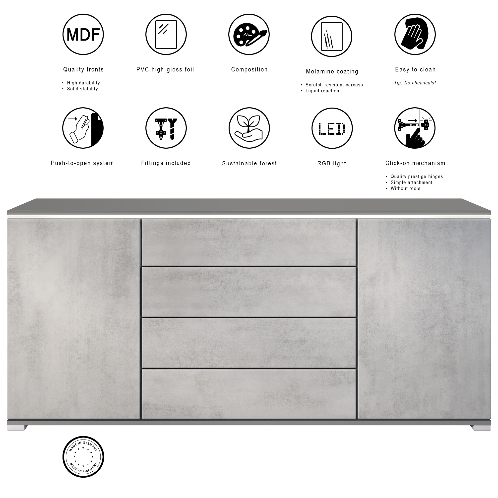 Sideboard Faro V2 Anthrazit Schrank mit LED Lichtleiste Anthrazit matt / Creme Hochglanz (166,5 x 75,5 x 35)