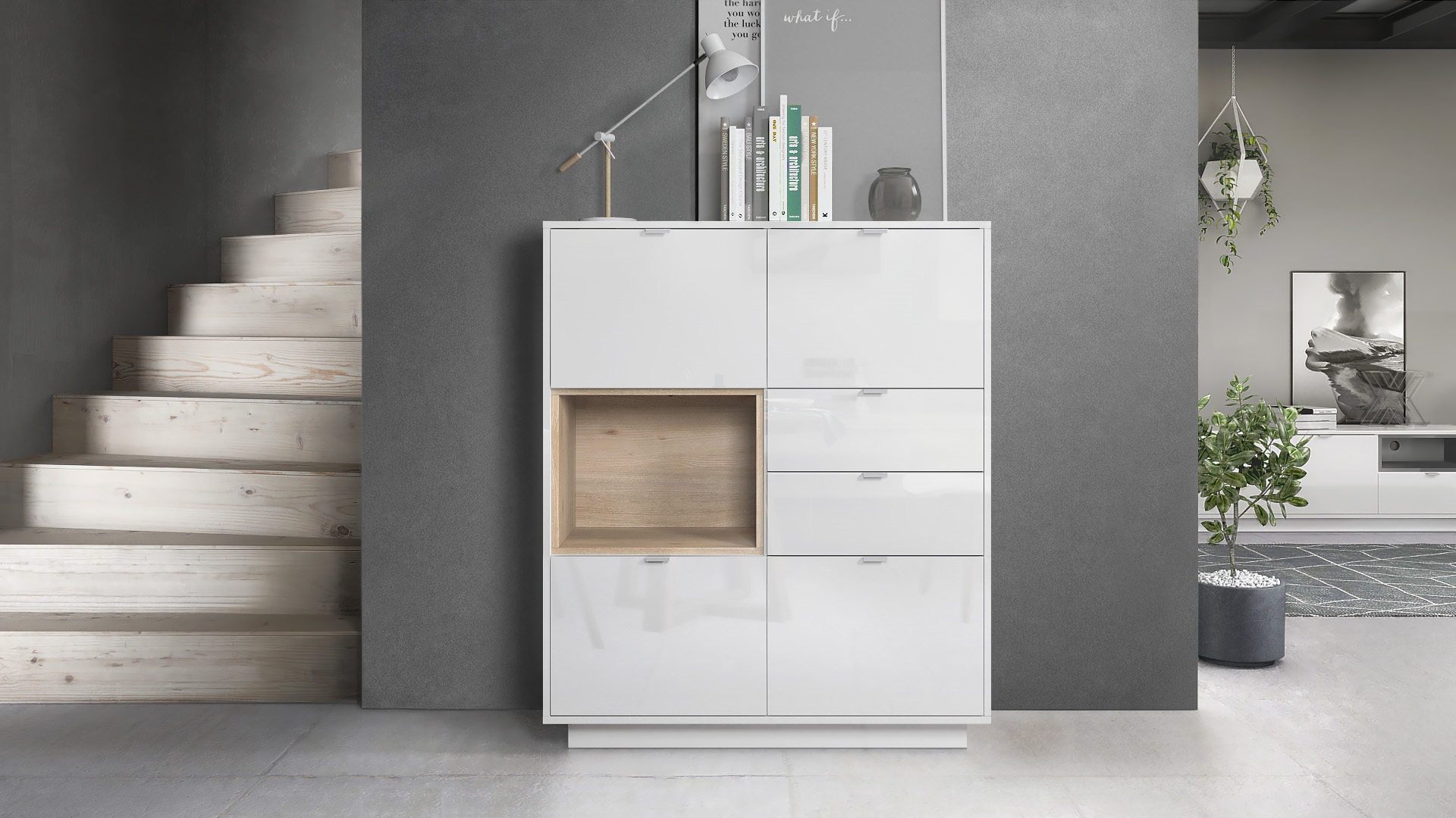 Highboard Metro  mit 4 Türen, 2 Schubladen und 1 offenem Fach Weiß Hochglanz/Eiche Nordic inkl. LED Beleuchtung (103 x 123 x 38 cm)