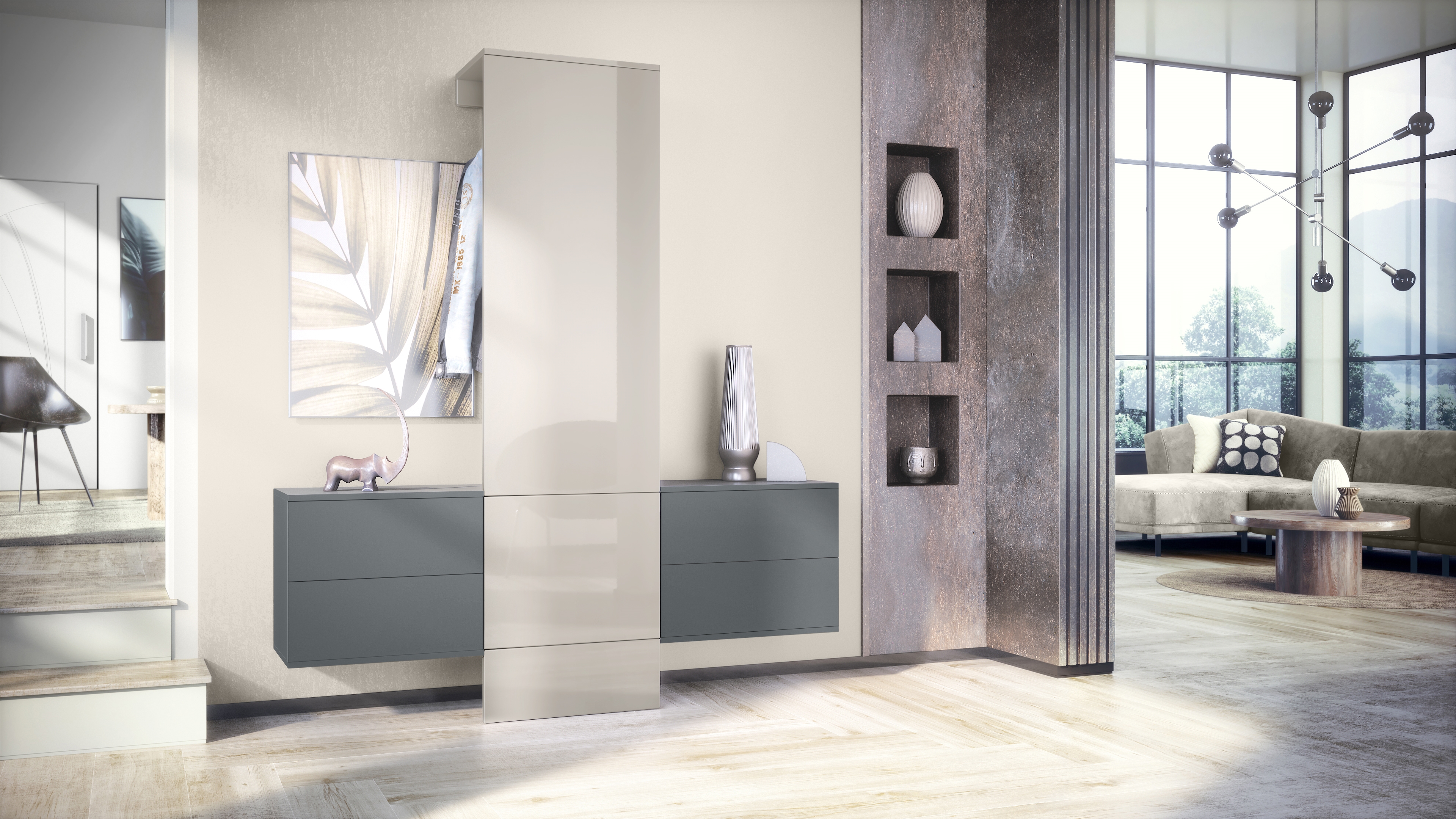 Garderobe Carlton Set 3 Anthrazit 4-tlg. 1 Paneel und 2 Schubkastenschränke Anthrazit matt/Sandgrau Hochglanz (157 x 193 x 35 cm)