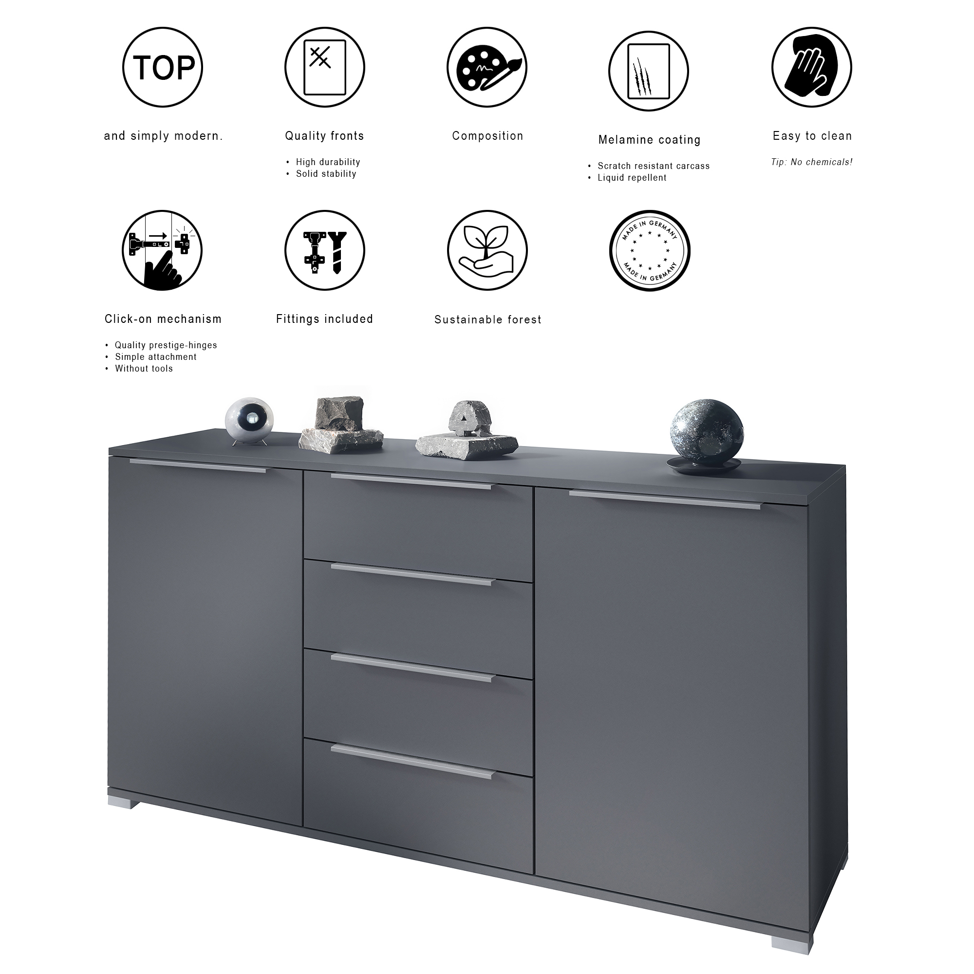 Linio V1 Sideboard Anthrazit mit 2 Türen und 4 Schubladen Anthrazit matt/Weiß matt (138,5 x 75,5 x 35 cm)