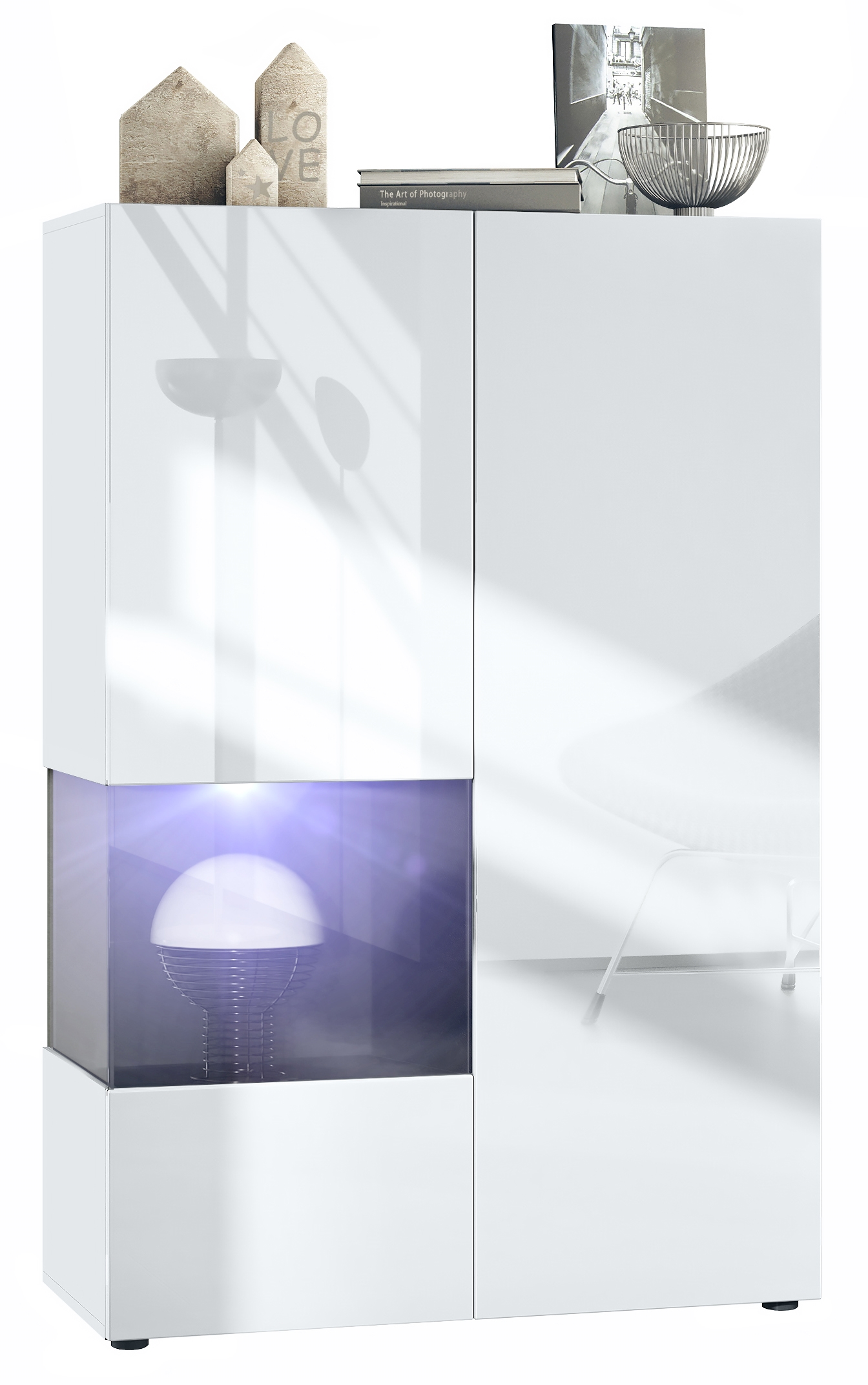 Vitrine Morena V2 mit 2 Türen und Glaseinsatz inkl. LED-Beleuchtung Weiß matt/Weiß Hochglanz/Schwarz matt (91,5 x 136,5 x 37 cm)