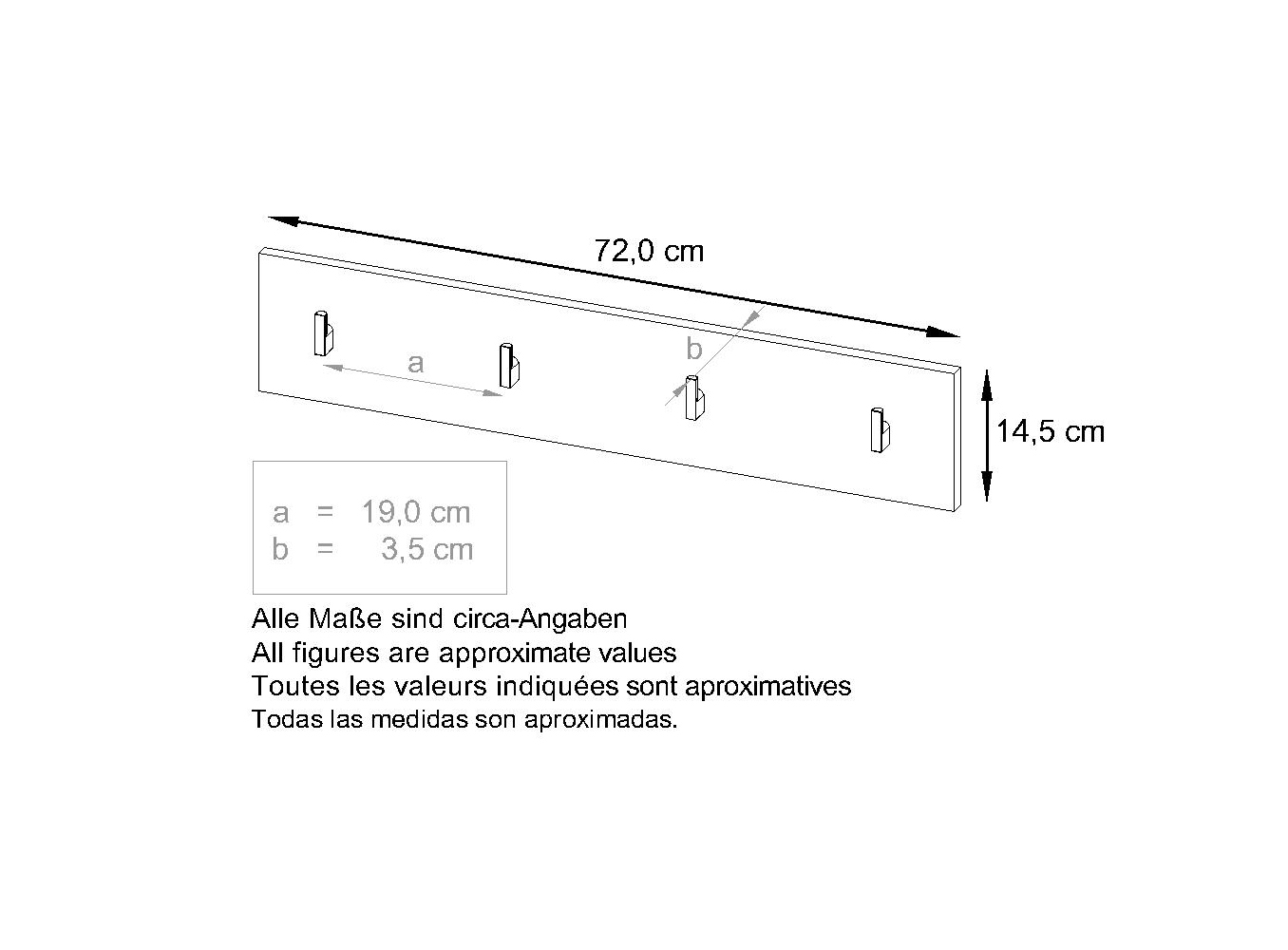 Garderobenleiste Linea V2 mit 4 Kleiderhaken  Beton Oxid Optik (72 x 14,5 x 3,5 cm)