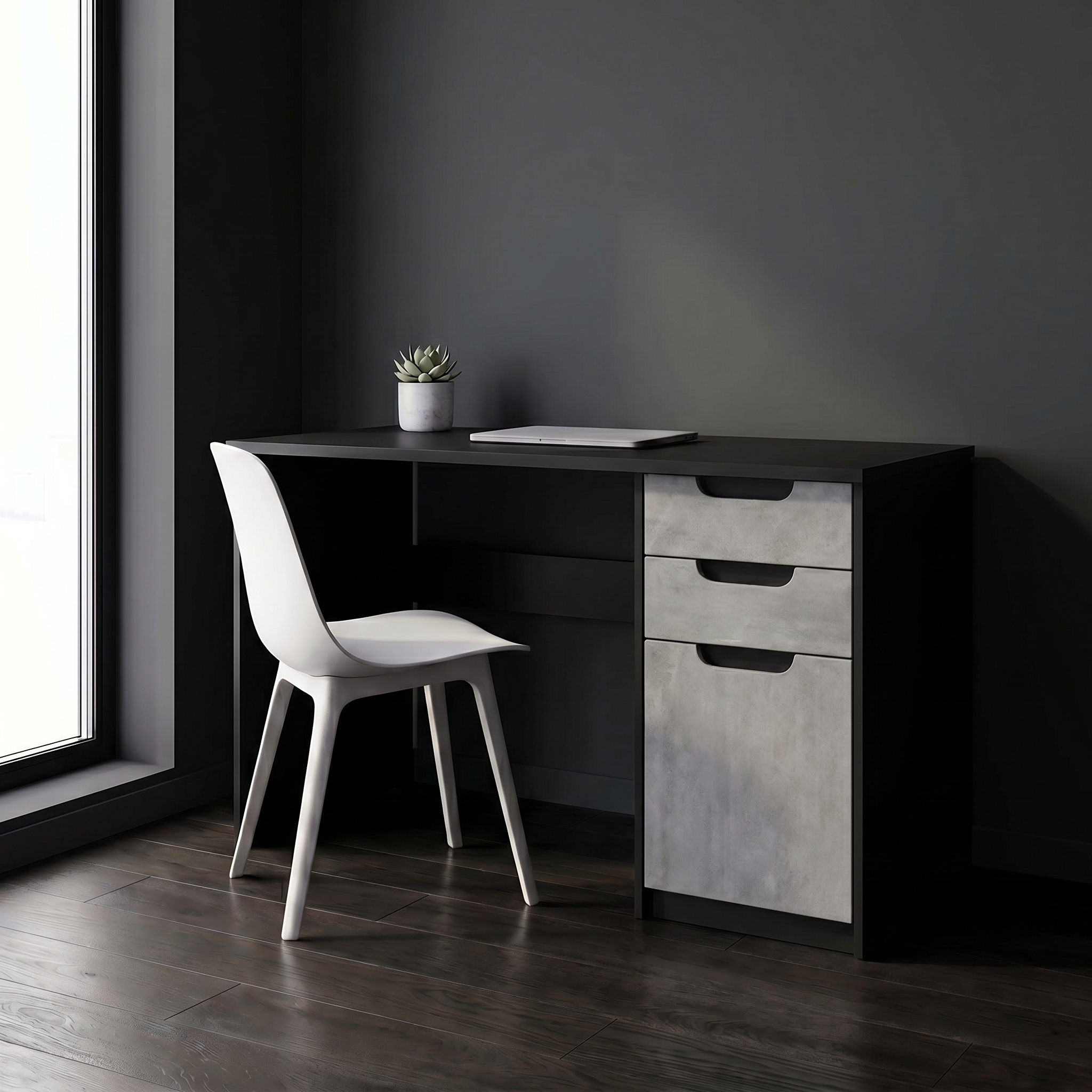 Schreibtisch Logan mit 2 Schubladen und 1 Tür Schwarz matt/Beton Oxid Optik (129 x 76 x 60 cm)