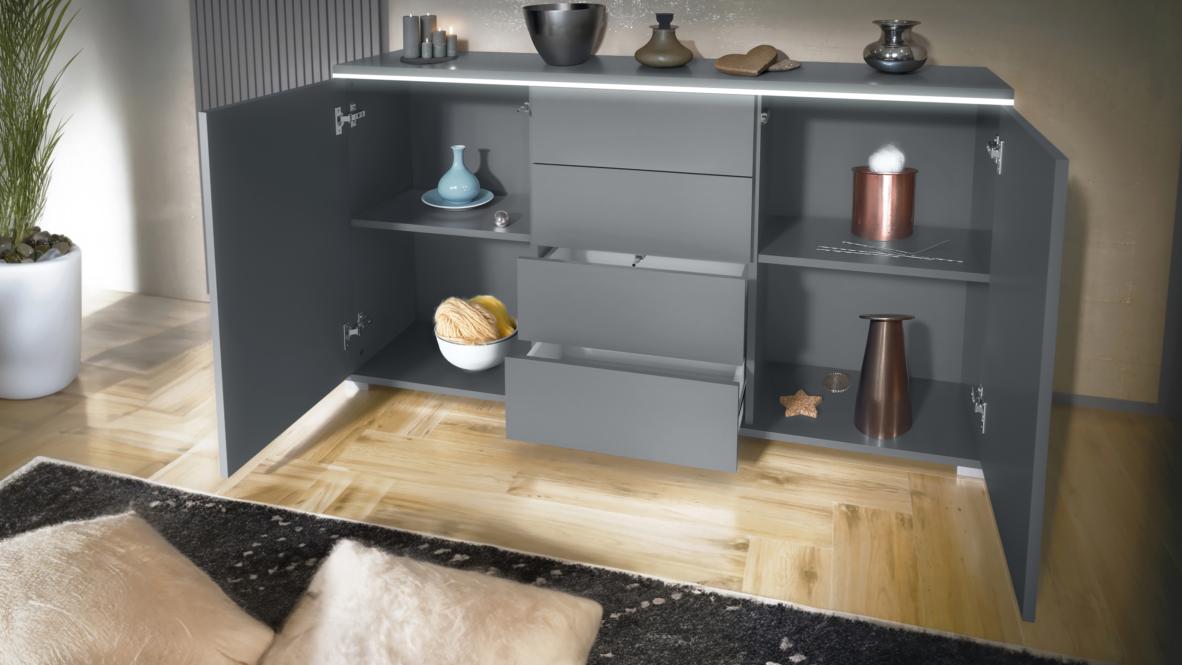 Sideboard Faro V1 Anthrazit Schrank mit LED Lichtleiste Anthrazit matt / Avola-Anthrazit (138,5 x 75,5 x 35)