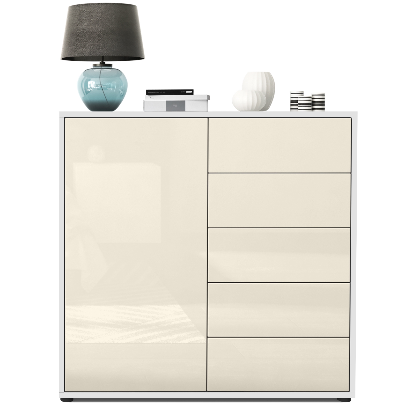 Kommode Ben V2  mit 1 Tür und 5 Schubladen Weiß matt/Creme Hochglanz (79 x 74 x 36 cm)