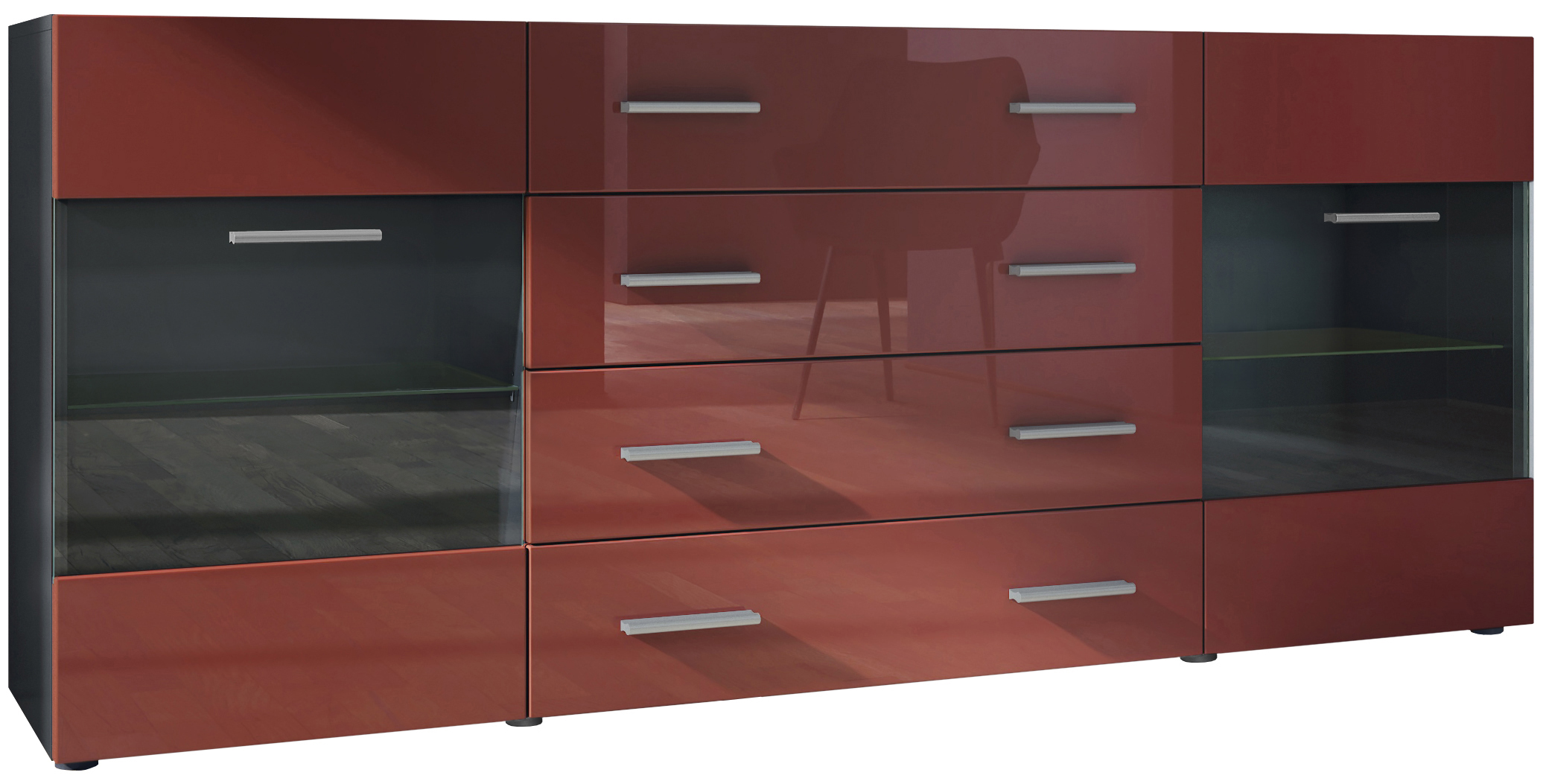 Sideboard Bari V2 4 Schubladen und 2 flexible Glaseinlegeböden Schwarz matt/Bordeaux Hochglanz (166 x 72 x 35)