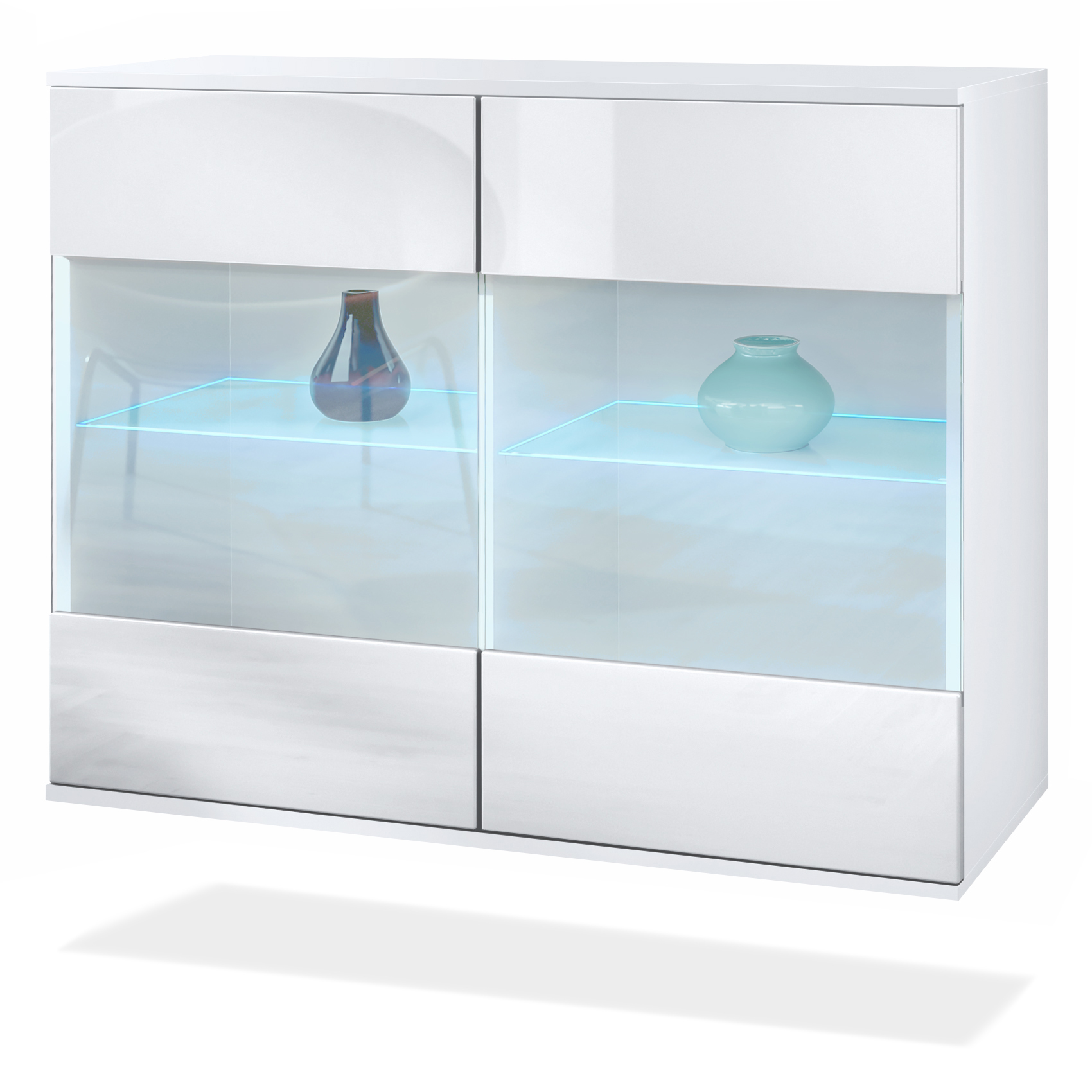 Bari V3 Kommode Weiß + LED mit 2 großen Glastüren inkl. RGB Beleuchtung Weiß matt / Weiß Hochglanz (92,5 x 73.5 x 35)