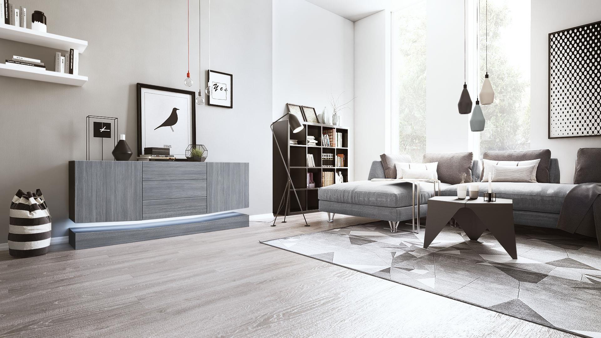 Sideboard City und 3 Schubladen inkl. LED-Beleuchtung,  Schwarz matt/Avola-Anthrazit (178 x 72 x 38 cm)