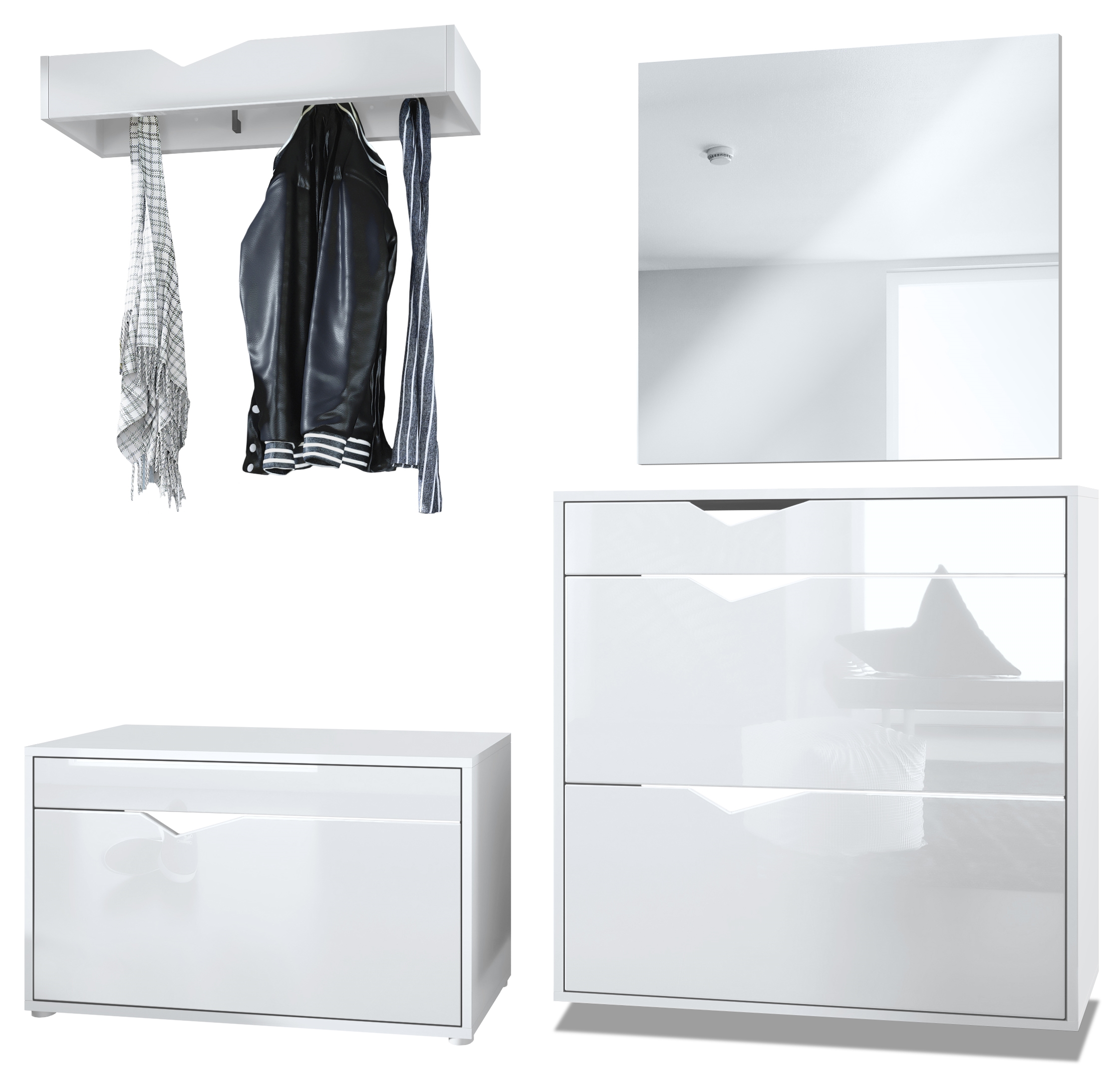 Garderobenset Kolmio 1 Schuhbank, 1 Spiegel und 1 Wandgarderobe Weiß matt/Weiß Hochglanz (190 x 185 x 33 cm)