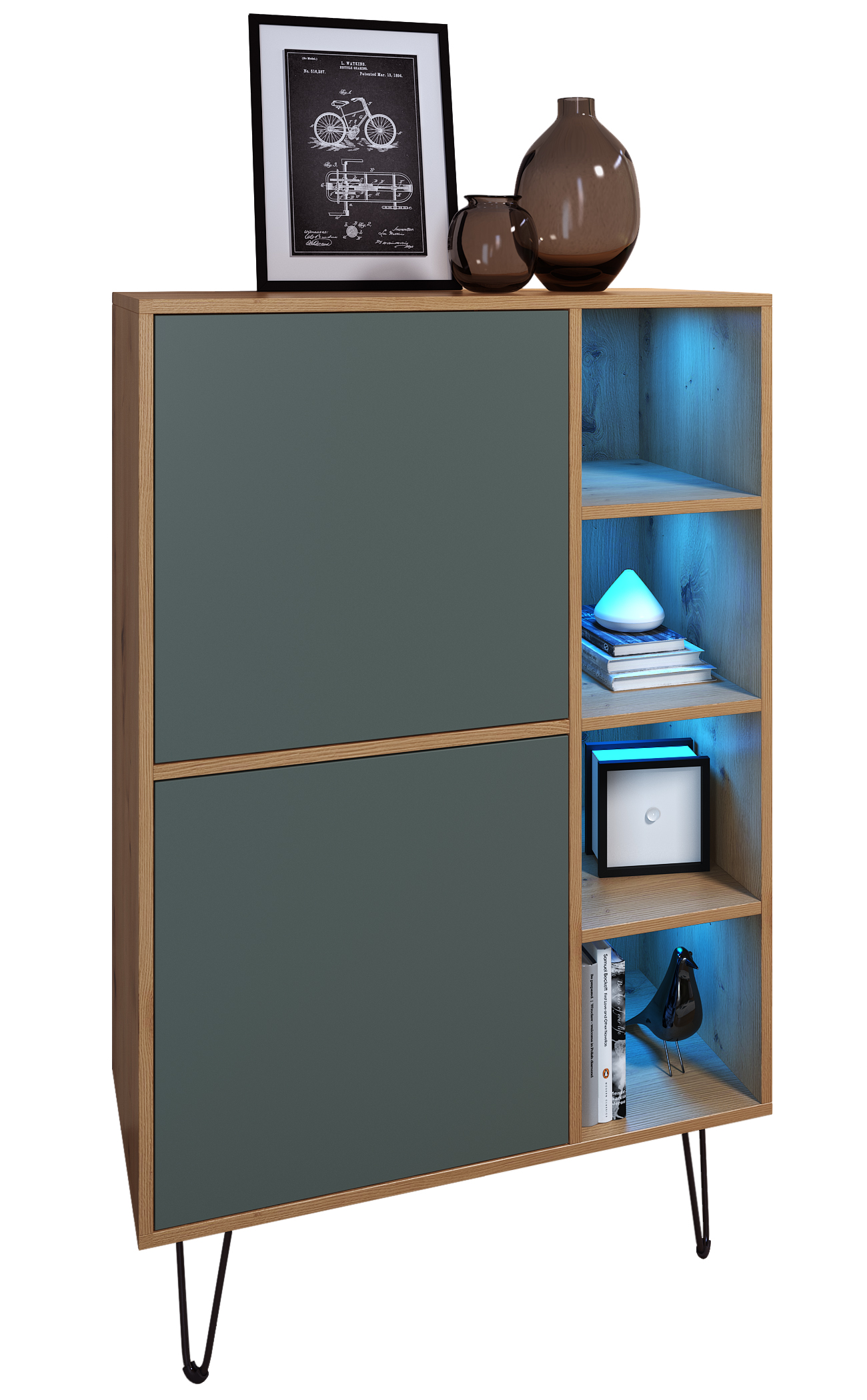 Highboard Havana V1 mit LED Kommode mit LED, Made in Germany Eiche Evoke / Fjord Grün (124 x 79 x 35 cm)
