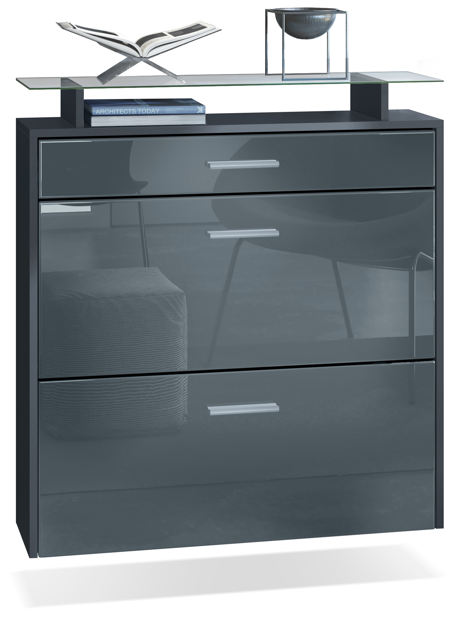 Schuhschrank Malea mit 2 Klappen und 1 Schublade und Glasablage  Anthrazit matt/Grau Hochglanz (89 x 96 x 23 cm)