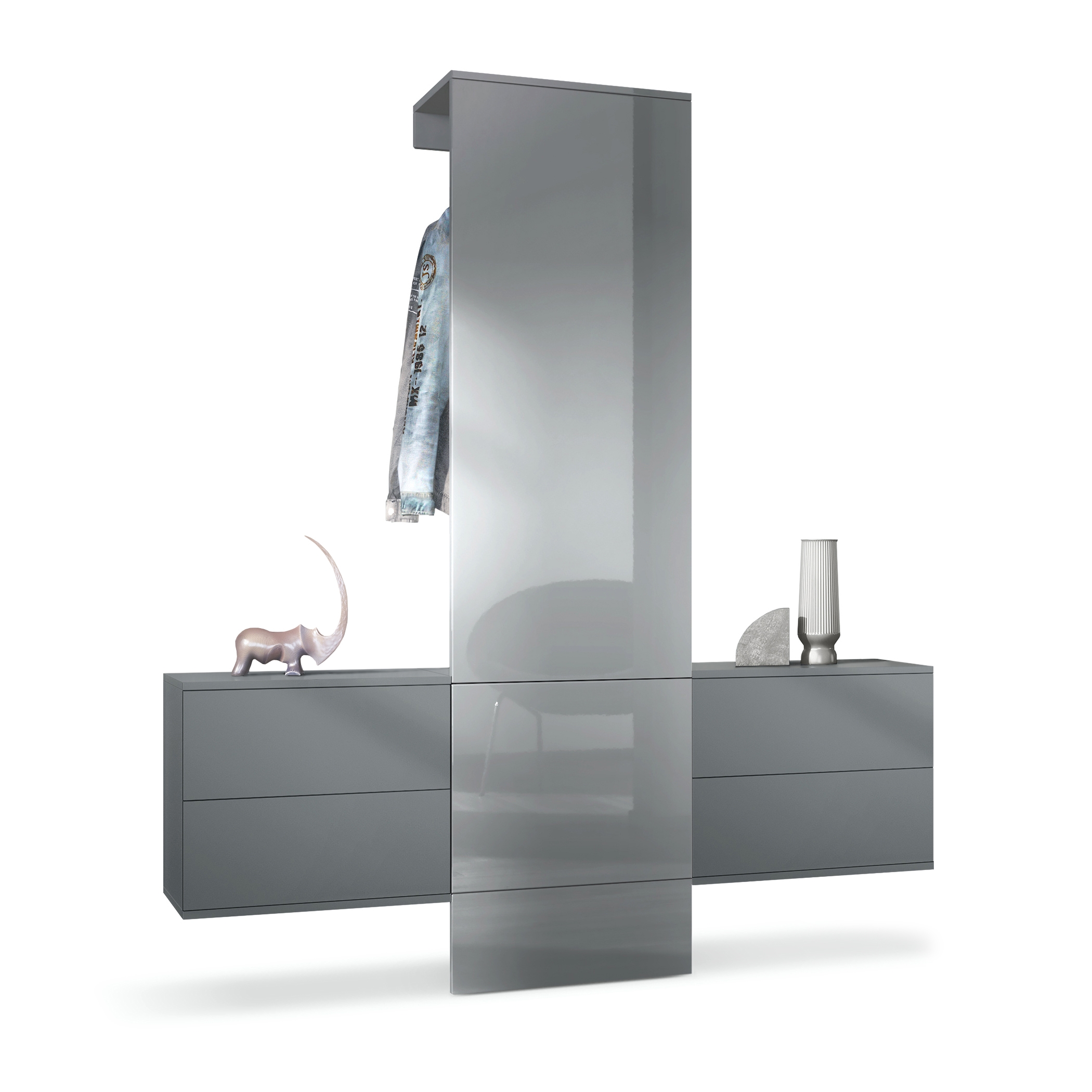 Garderobe Carlton Set 3 Anthrazit 4-tlg. 1 Paneel und 2 Schubkastenschränke Anthrazit matt/Grau Hochglanz (157 x 193 x 35 cm)