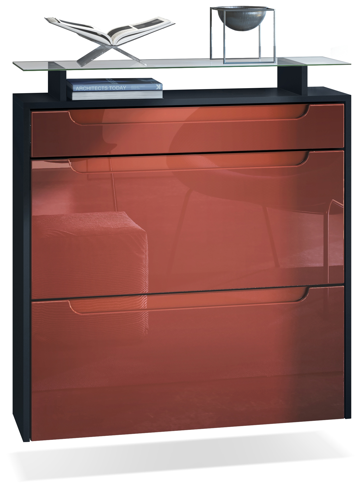 Schuhschrank Annie mit 2 Klappen, 1 Schublade und Glasablage Schwarz matt/Bordeaux Hochglanz/Bordeaux Hochglanz (89 x 96 x 23 cm)