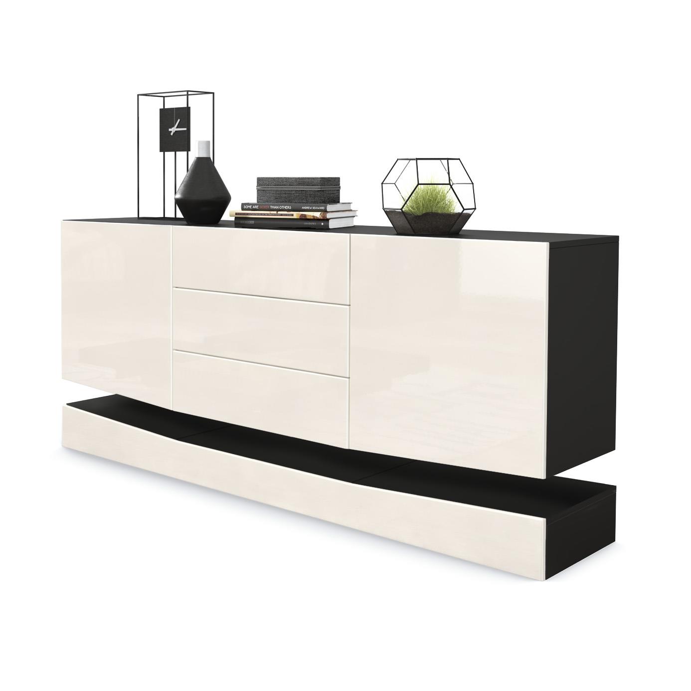 Sideboard City  mit 2 Türen und 3 Schubladen Schwarz matt/Creme Hochglanz (178 x 72 x 38 cm)
