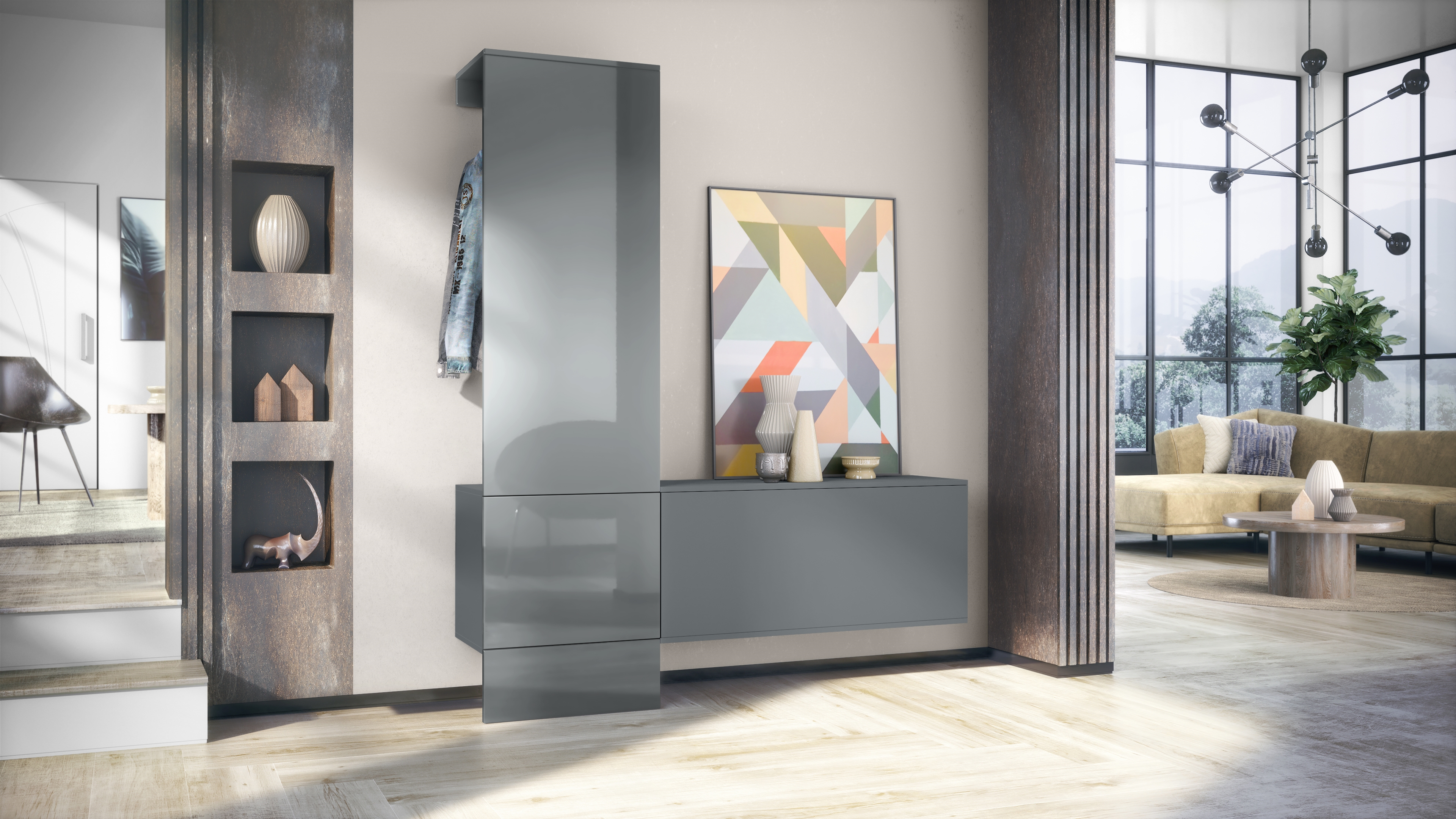 Garderobe Carlton Set 4 Anthrazit 3-tlg. 1 Paneel und 1 Schrankmodul Anthrazit matt/Grau Hochglanz (156,5 x 193 x 35 cm)
