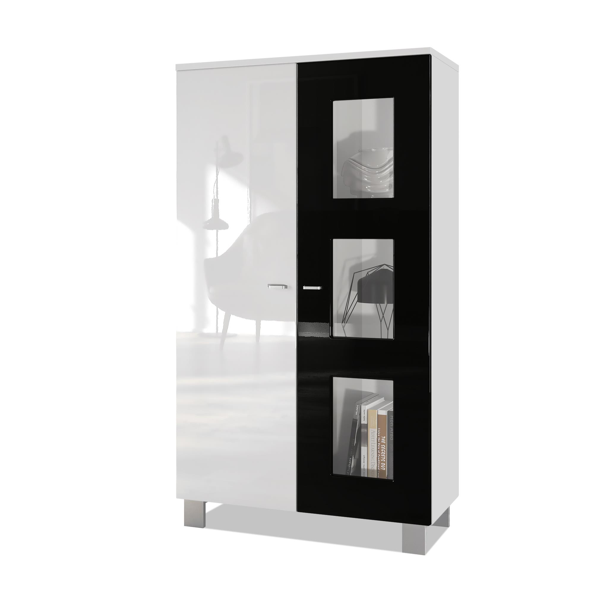 Vitrine Denjo  mit 2 Türen und 3 Glaseinsätzen Weiß matt/ Weiß Hochglanz/ Schwarz Hochglanz (71 x 129 x 35 cm)