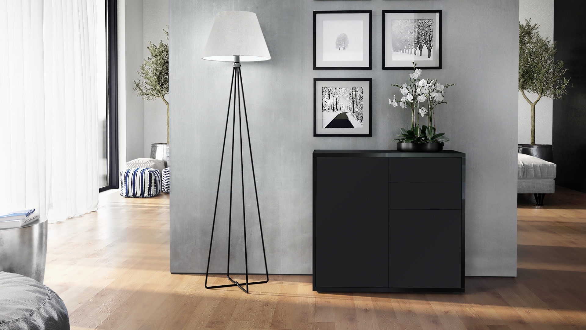 Kommode Ben  mit 2 Türen und 2 Schubladen Schwarz Hochglanz/Schwarz matt (79 x 74 x 36 cm)