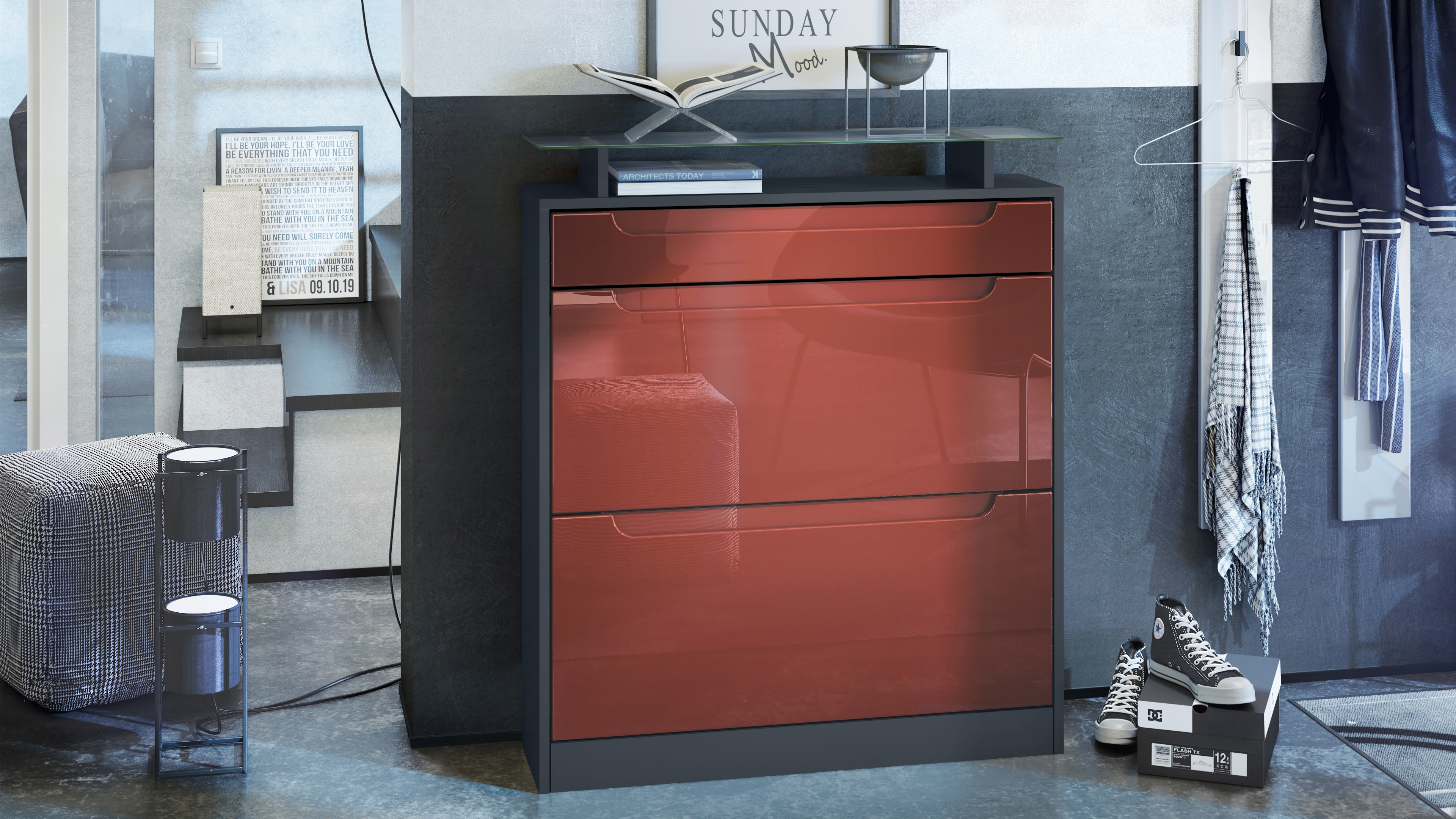 Schuhschrank Fiesta mit 2 Klappen, Schublade und Glasablage Anthrazit matt/Bordeaux glänzend/Bordeaux glänzend (89x104x23 cm)