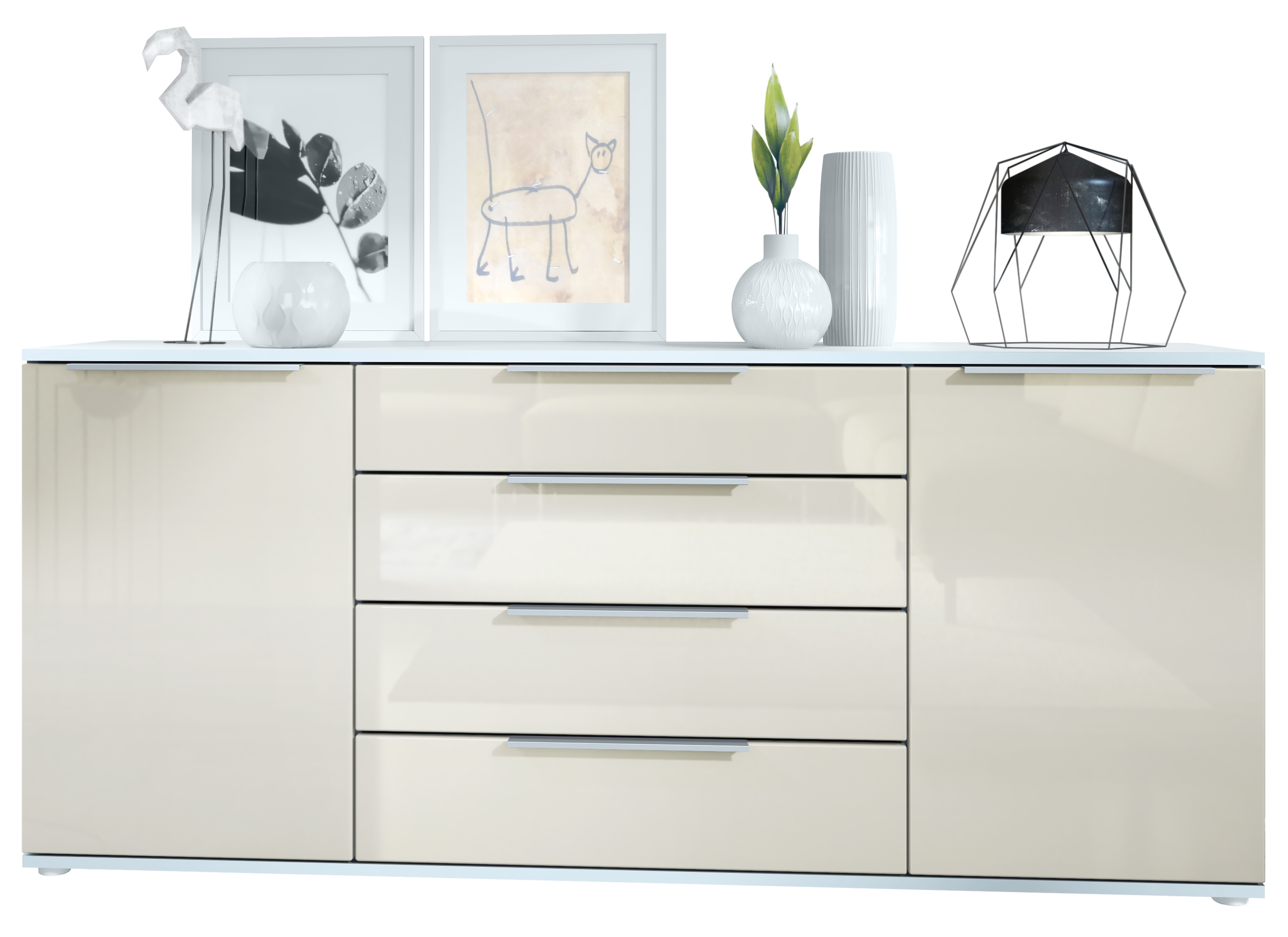 Linio V2 Sideboard mit 2 Türen und 4 Schubladen Weiß matt/Creme Hochglanz (166,5 x 72,5 x 35 cm)
