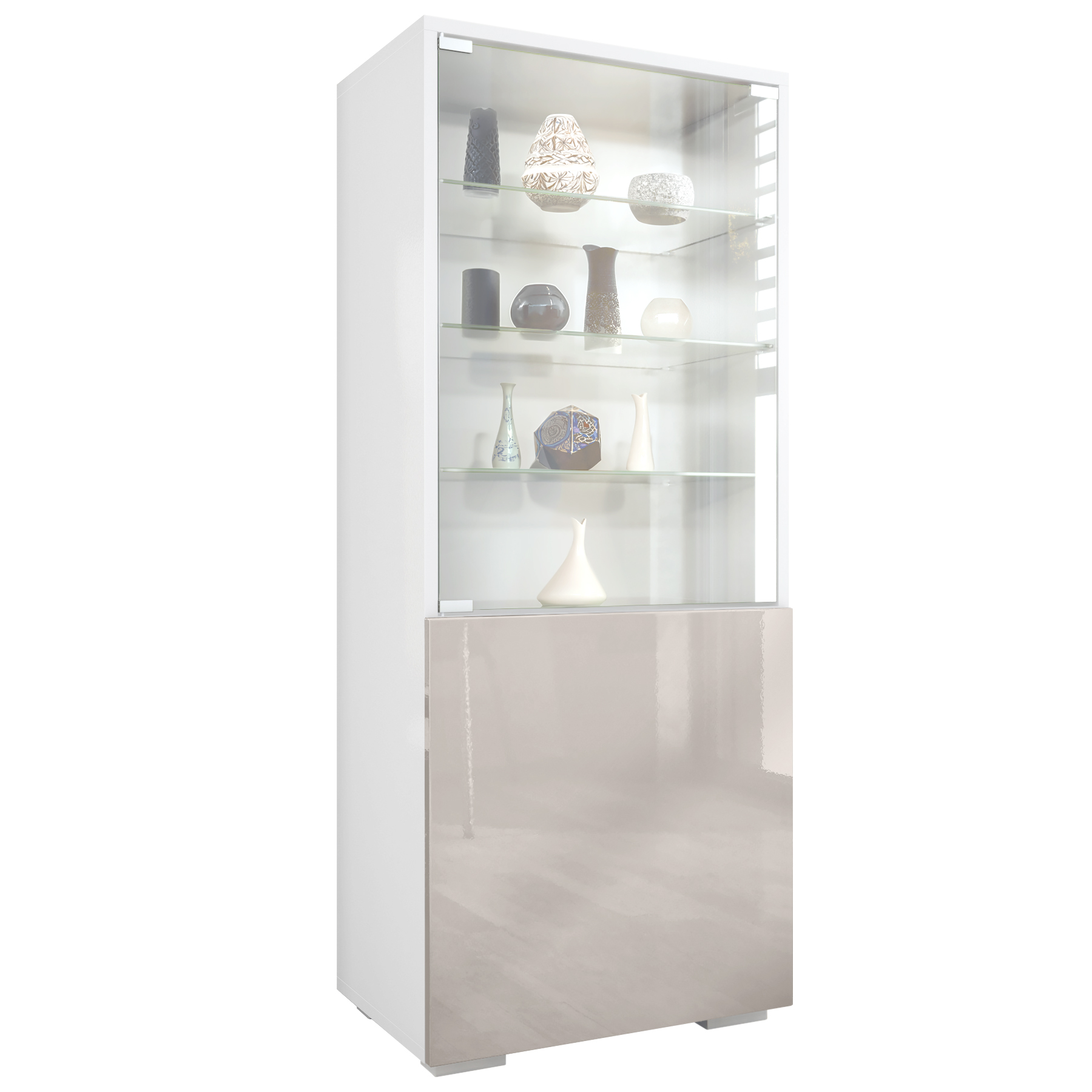 Granada Vitrine Weiß mit Glastür und Glaseinsatz Weiß matt/Sandgrau Hochglanz (50 x 122,5 x 34,5 cm) | Sandgrau Hochglanz