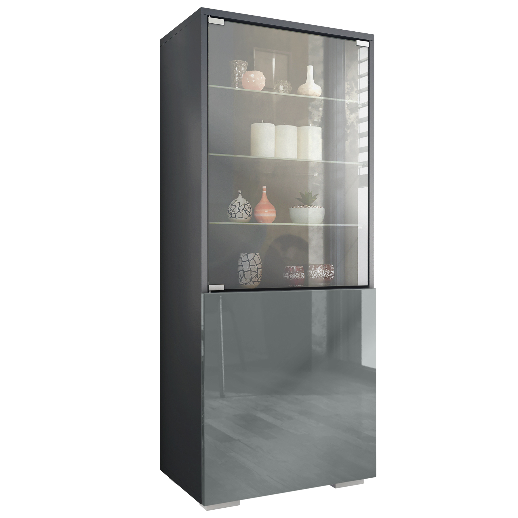 Granada Vitrine Anthrazit mit Glastür und Glaseinsatz Anthrazit matt/Grau Hochglanz (50 x 122,5 x 34,5 cm)