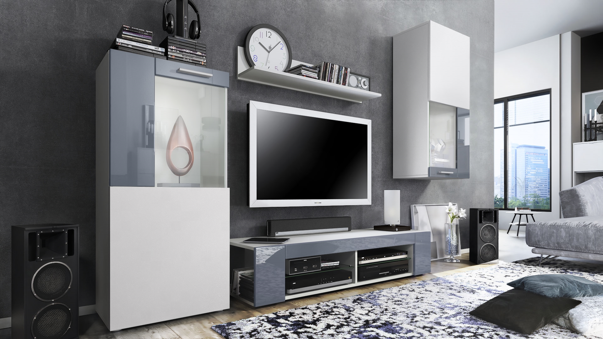 Wohnwand Movie 4-tlg. Weiß   bestehend aus 1 TV-Board, 2 Vitrinen und 1 Regal Weiß matt/Weiß matt/Grau Hochglanz (Gesamt: 300 x 190 x 39 cm)