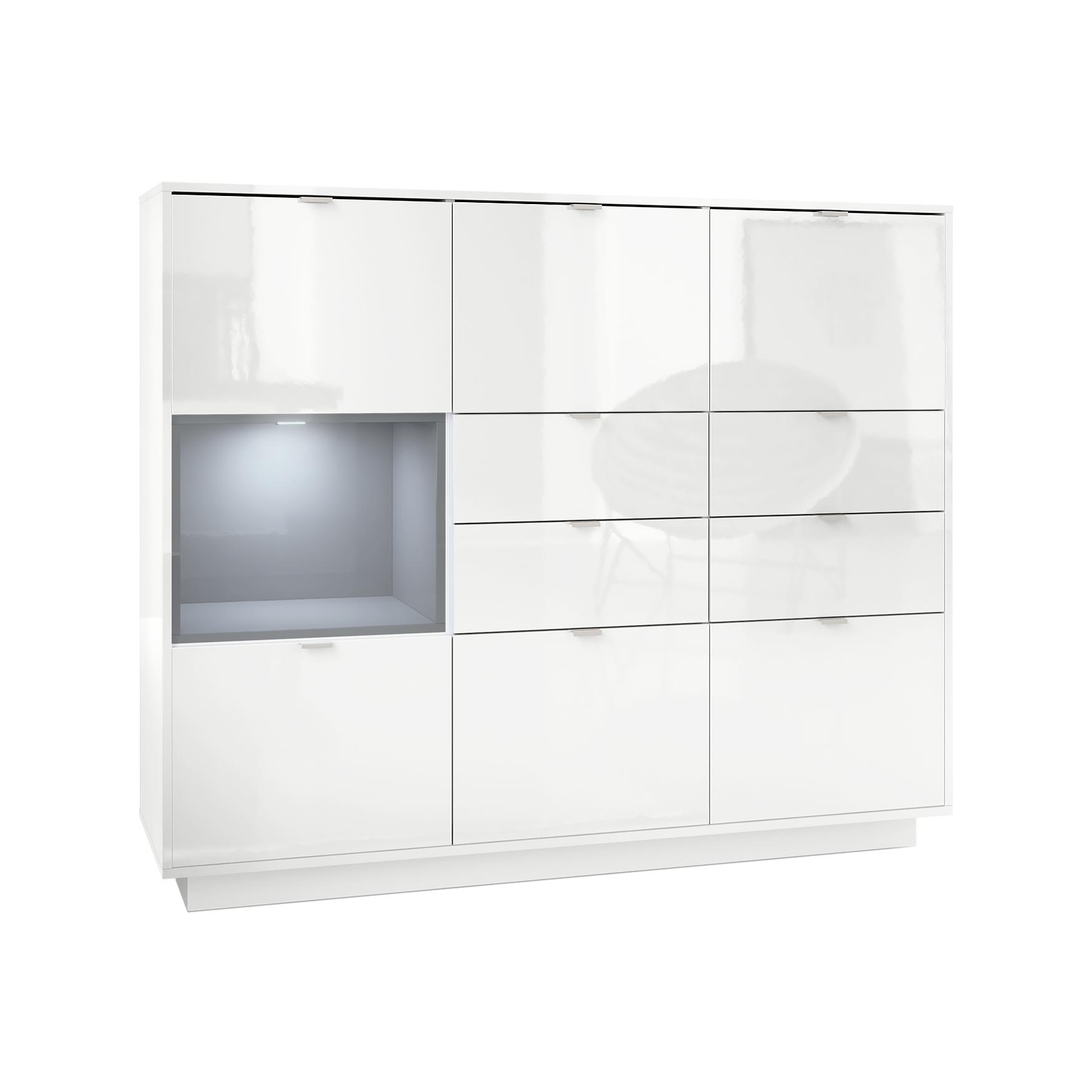 Highboard Metro V2  mit 6 Türen, 4 Schubladen und 1 offenem Fach Grau Hochglanz (153 x 123 x 37 cm)